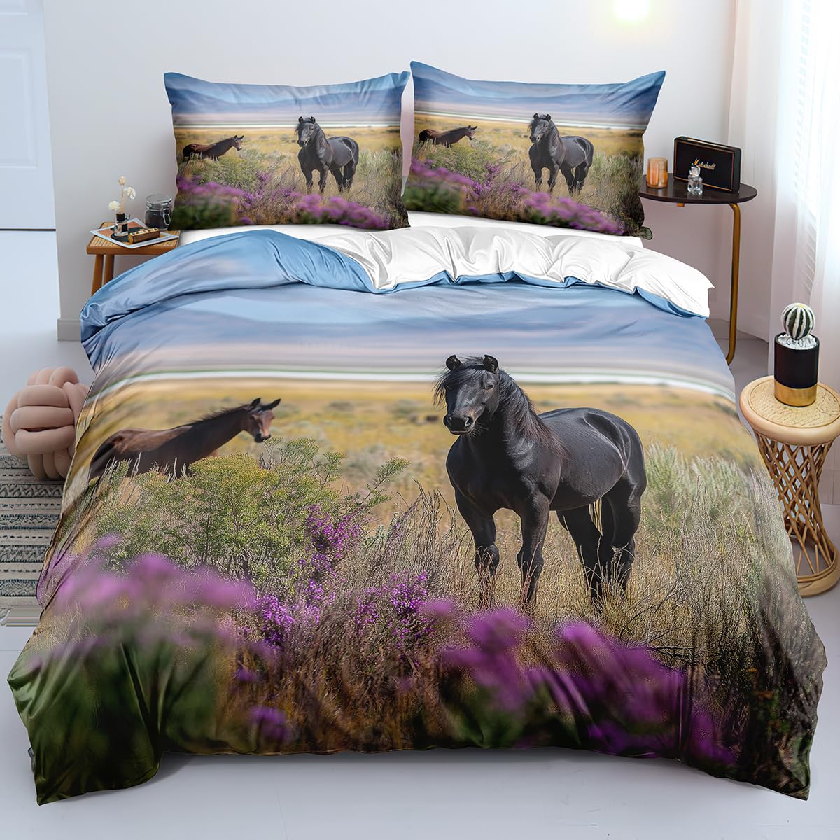 Parure de lit cheval lavande pour la chambre de fille qui rêve de liberté et nature