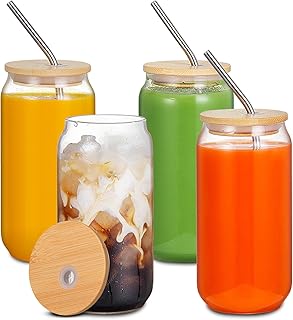 4PCS Glass Cups with Lids and Straws,16OZ Beer Can Shaped Drinking Glasses Set, Iced Coffee Glasses with Bamboo Lids and Stainless Steel Straws, Glass Can Coffee Cups, Drinking Glassware Set