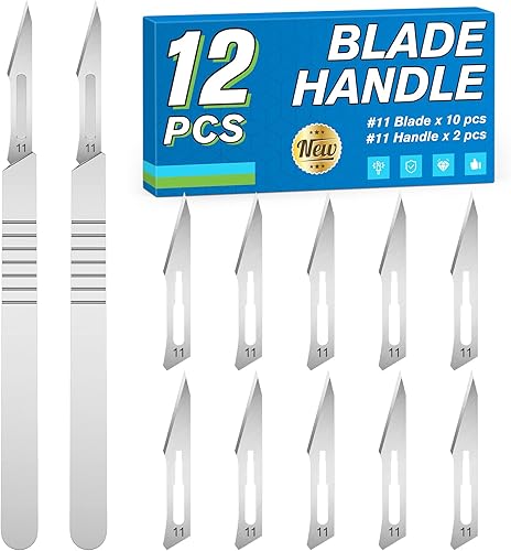JTIEO Paquete de 12 cuchillas de bisturí desechables, 2 asas de bisturí de acero inoxidable con 10 cuchillas de bisturí estériles #11 envueltas