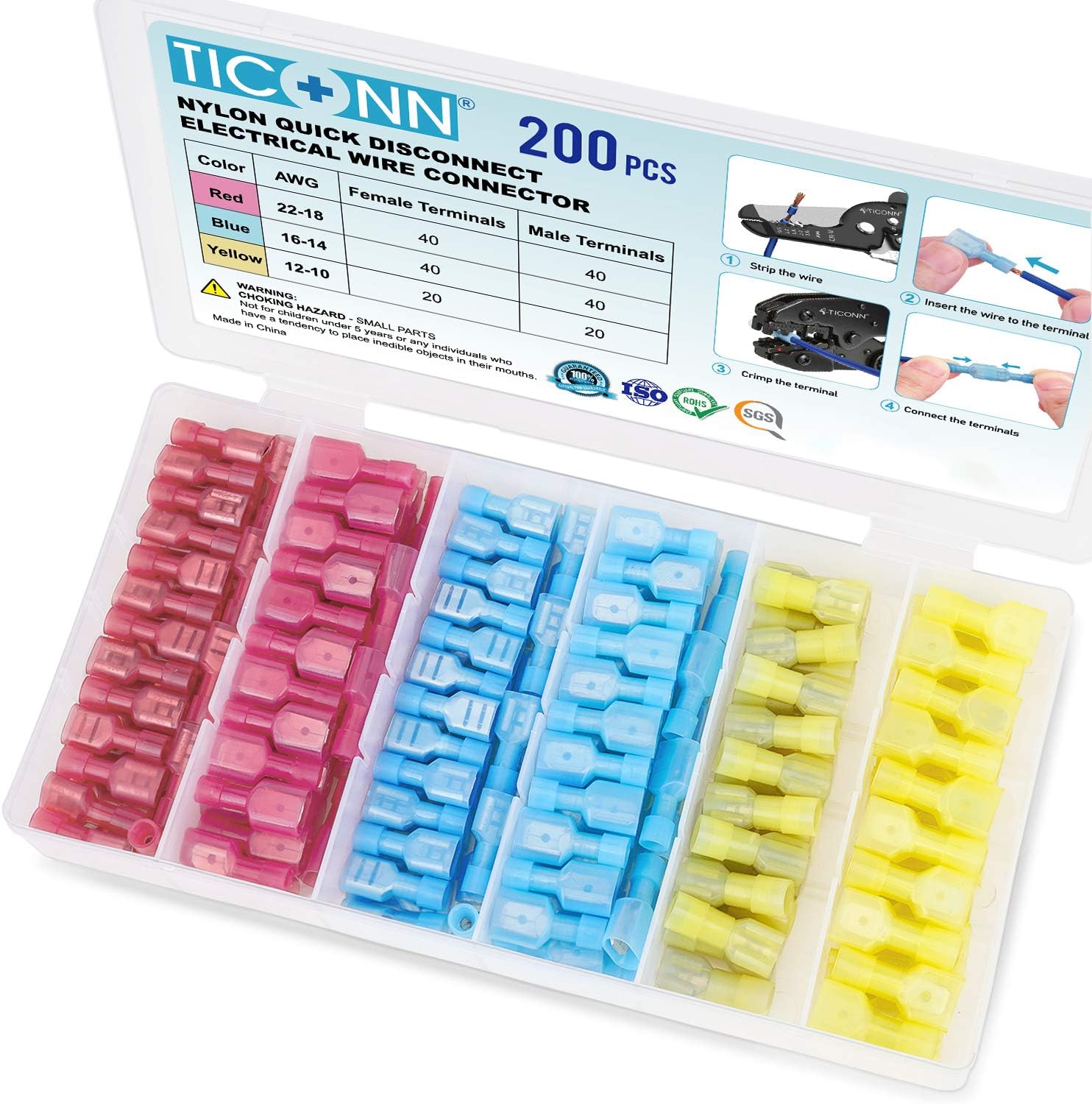 TICONN 200 Pcs Nylon Spade Quick Disconnect Connectors Kit, Electrical Insulated Terminals, Male and Female Spade Wire Crimp Terminal Assortment Kit