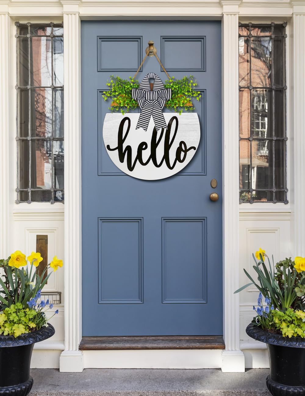 17 Inch Welcome Sign for Front Door Porch Decor, Bigger Than Other 12 Inch Signs, Φ45cm Farmhouse Wreath, Round Wood 3D Wreath Door Hanging with Bow & Greenery
