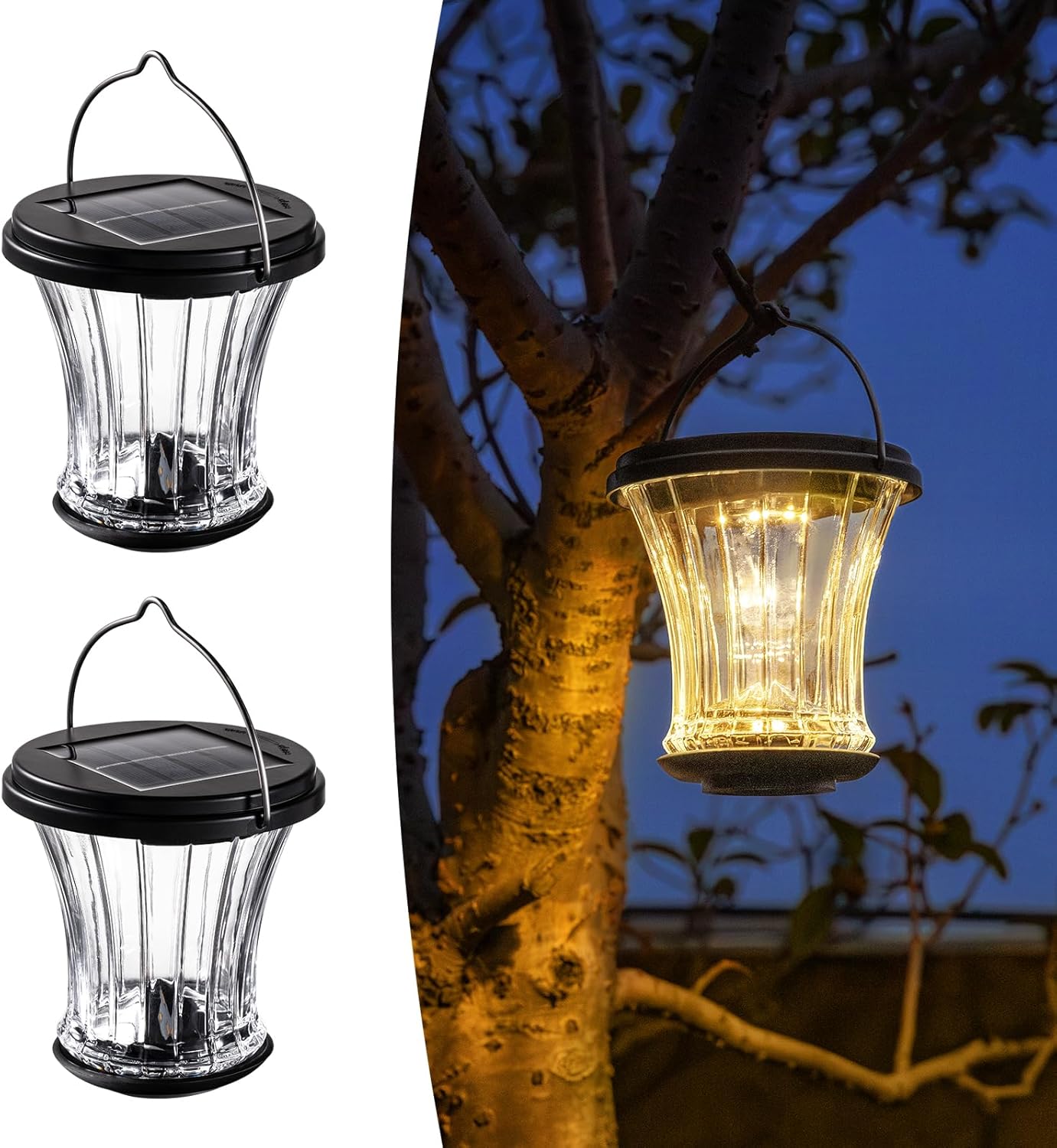 Glass Solar Lantern Outdoor, Waterproof Hanging Solar Lights for Outside with Modular Design, 3000K LED, Auto On/Off Table Lamp for Garden Patio Yard Fence Wall Decorative, Warm White(2 Pack)