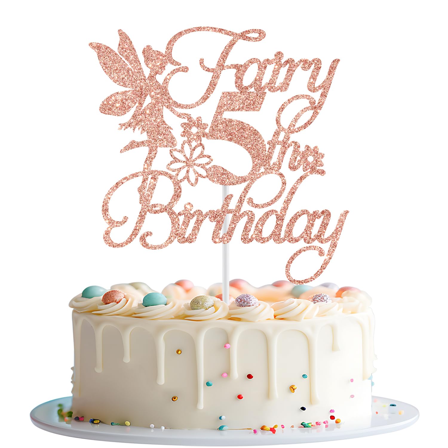 Fairy 5th Birthday Cake Topper, Fairy Happy 5th Birthday Decorations, Girls Five Bday Cake Decor, Floral Fairy Bday Party Decorations, Rose Gold