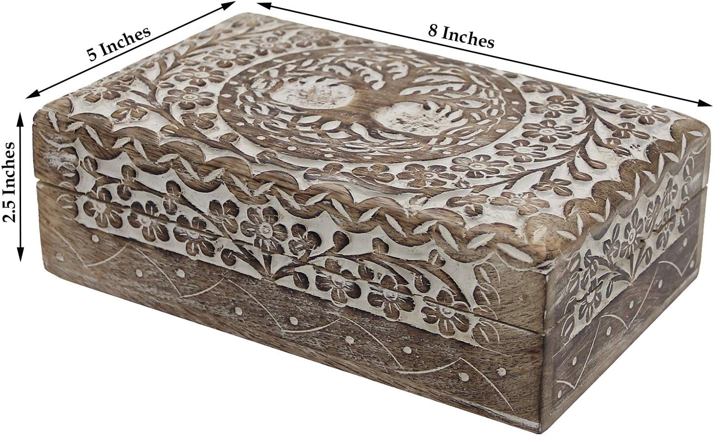 DharmaObjects Hand Carved Tree Of Life Jewelry Trinket Keepsake Wooden Storage Box (Tree of Life 1, Large)
