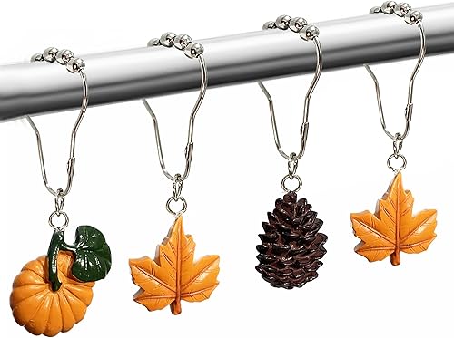Ganchos para cortina de ducha de otoño, bonitos ganchos para cortina de ducha, diseño rústico de otoño, diseño de cabaña de bosque, decoración de