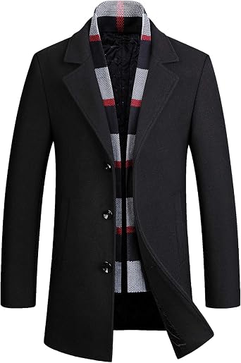 PRIJOUHE Mens Wool Coat Winter Coat Slim Medium Long Coats Overcoat Male