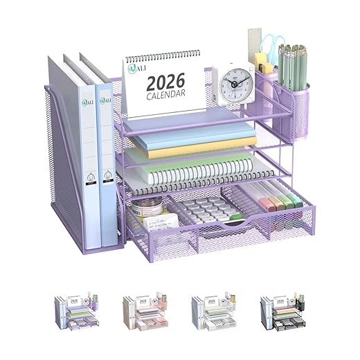WALI Desk File Organizer, 4 Tier Desktop Paper Letter Tray Organizer with Drawer and 2 Pen Holders, Office Desk Accessories & Workspace Organizers for Office, Home Supplies(DO005DH-V), 1 Pack, Purple
