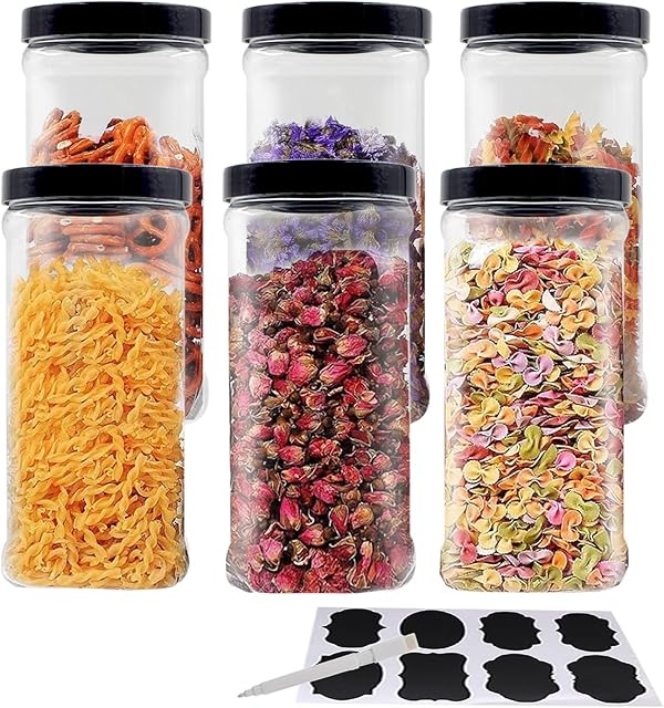 YBCPACK 6 Pack 40oz (1100ml) Large Clear Plastic Storage Jars with Lids & Labels, A Pen - Wide Opening, BPA Free PET Container-Pantry, Home/Kitchen Storage for Dry Goods, Spice