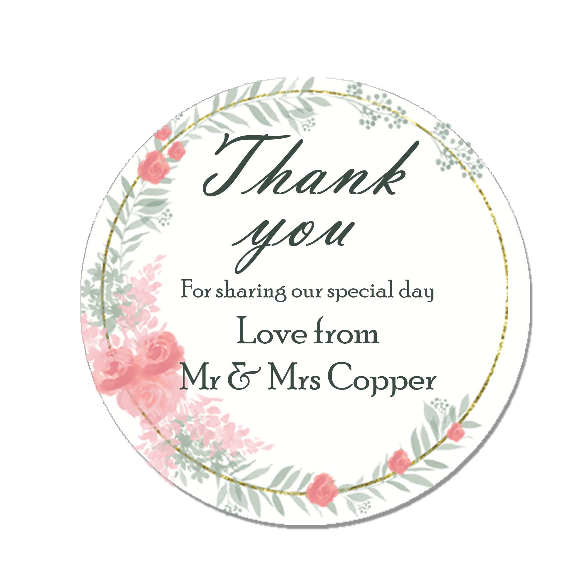 35 x Treasured Forever Personalised Wedding Heart Sketch Effect Favour Round Stickers (35mm) (Design 1 - Pink Floral)