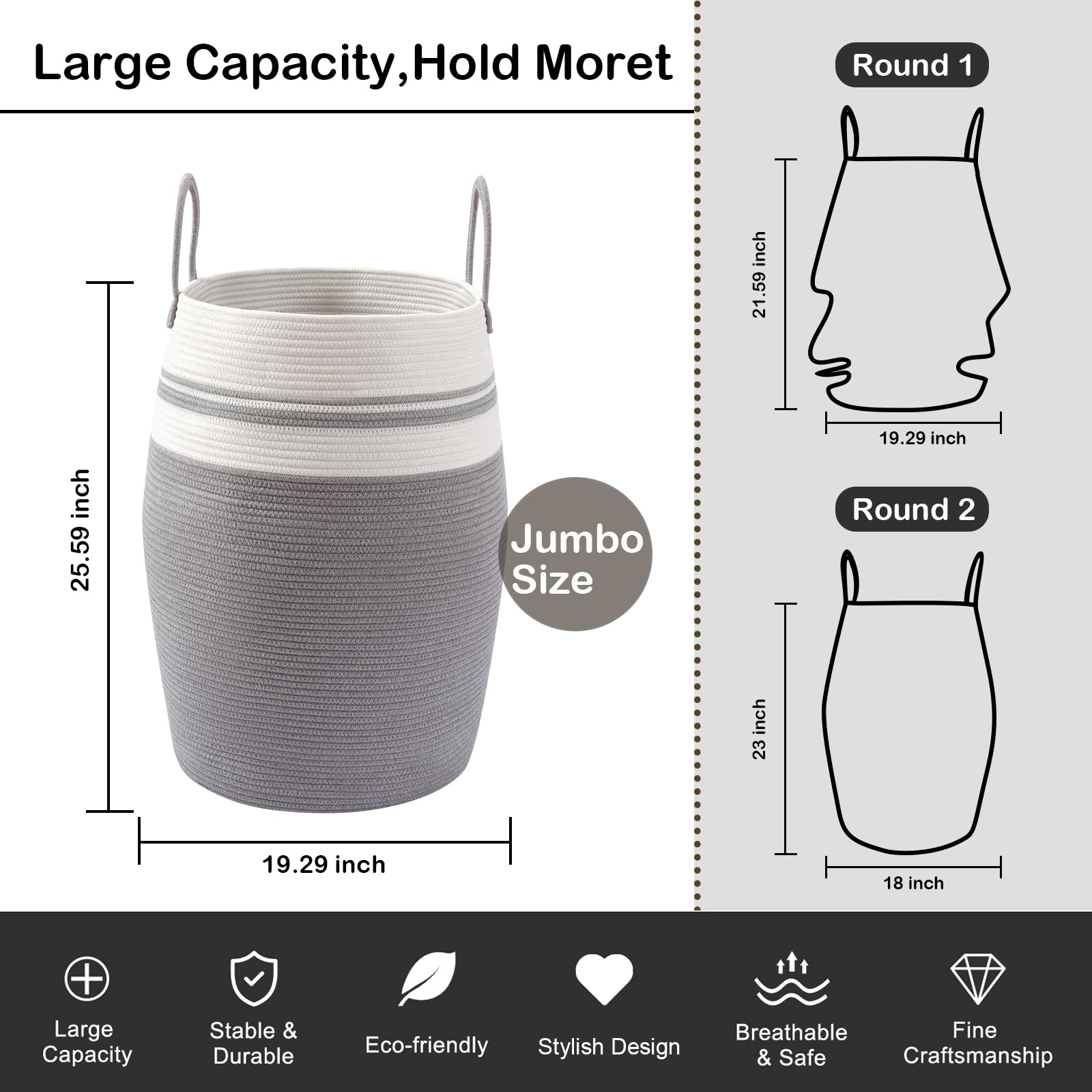OIAHOMY Cesto portabiancheria in corda intrecciata grande, altezza 65 cm, moderno cesto curvo con manici allungati, per riporre vestiti, bagno, pieghevole (bianco e grigio chiaro)