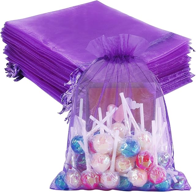 100pcs Organza Bags 16.5 x 22.5cm, Purple Large Mesh Gift Drawstring Bags for Christmas Wedding Shower Party Favors Jewelry Samples