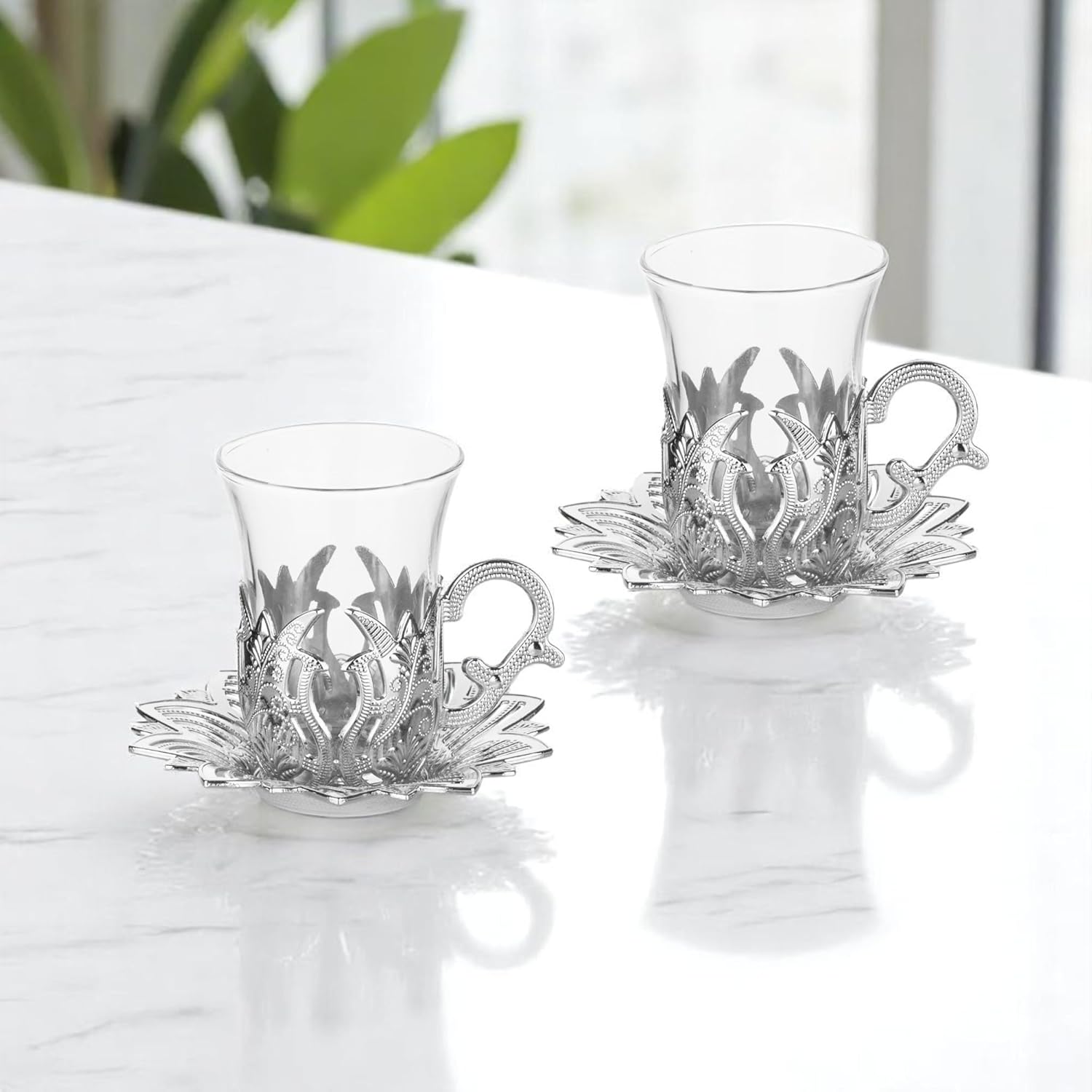 Alisveristime (Set of 2) Turkish Tea Set with Zamac Holders, Glass Cups, and Saucers – Ahsen Ottoman Design, 100ml Capacity, Available in Gold or Silver Color (Silver) - Image 5