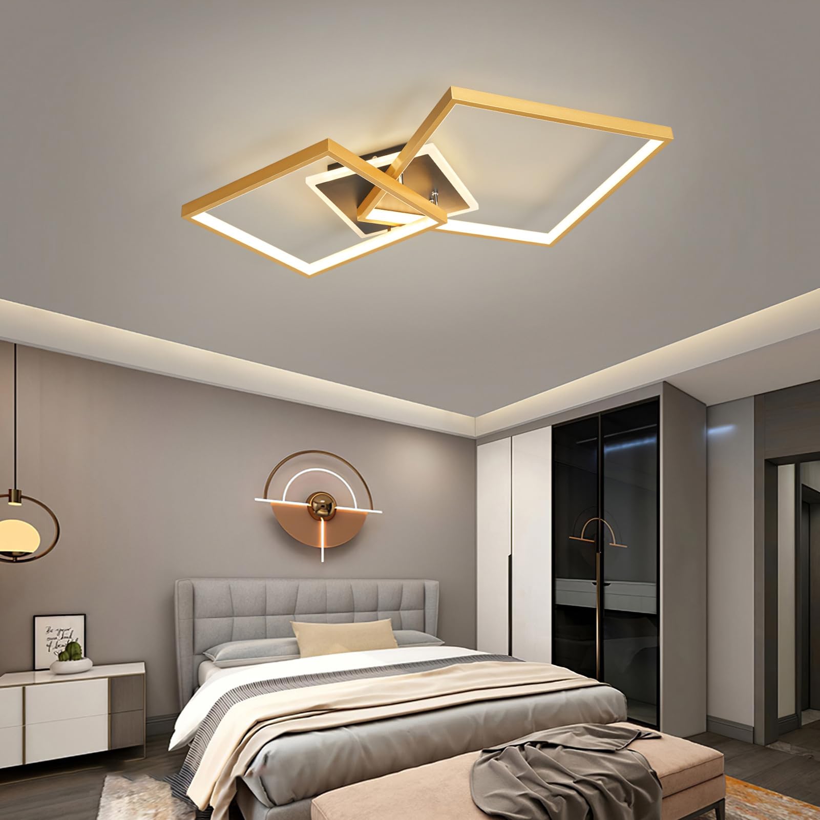 Plafonnier LED carré variable doré à télécommande pour salon