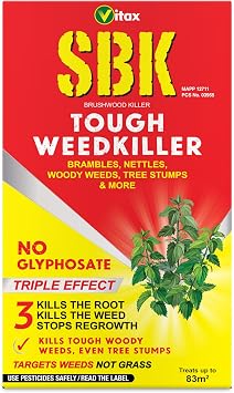 Vitax SBK Tough Weedkiller, Kills Down To The Roots, Suitable For Brambles, Nettles, Dock, Woody Weeds, Hardwood & Tree Stumps, Targets Weeds Not Grass, Concentrate - 250Ml, Coverage 83M2