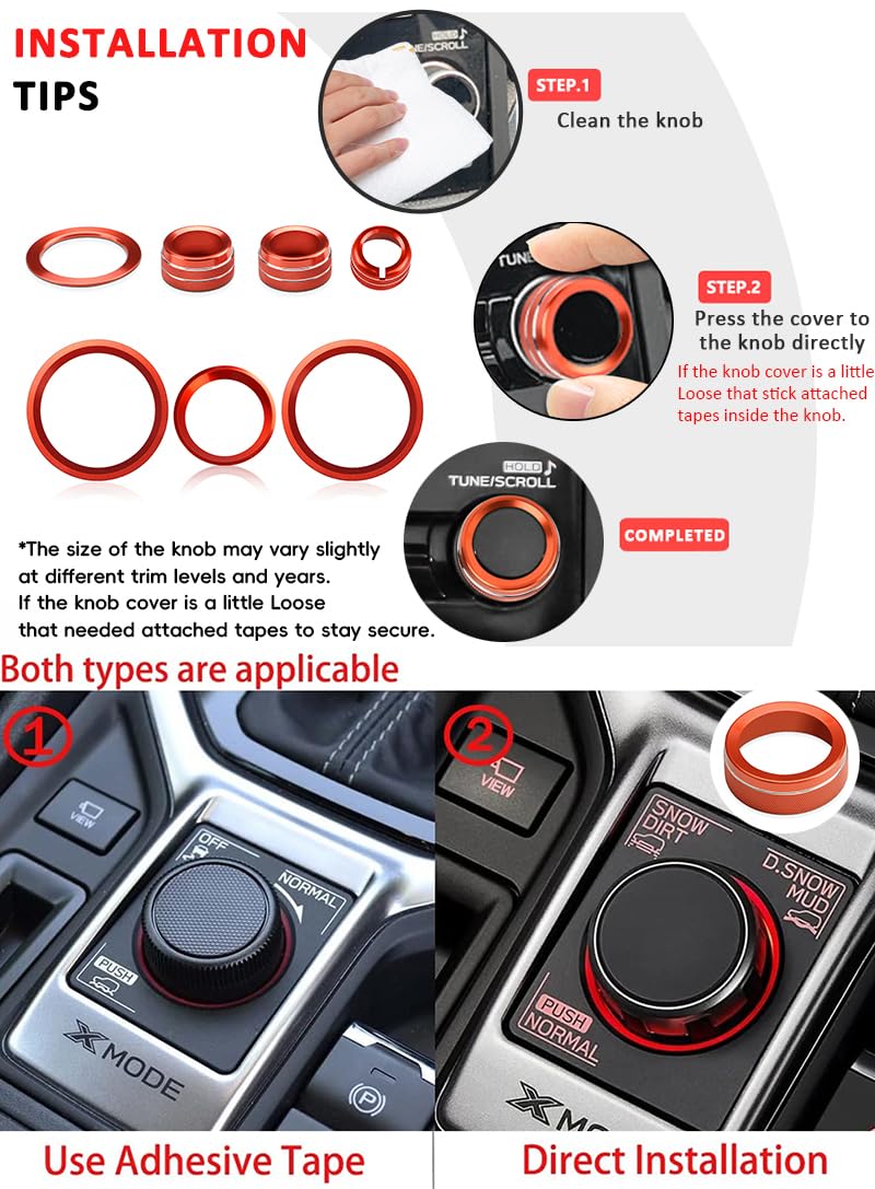 Auovo Radio Knob Cover for Forester 2019-2024 AC Knob Ring Air Conditioning Volume Tune Switch Knob Trim Drive Mode Gear Shift Switch Knob Ring 8pcs (Red-Orange, C)