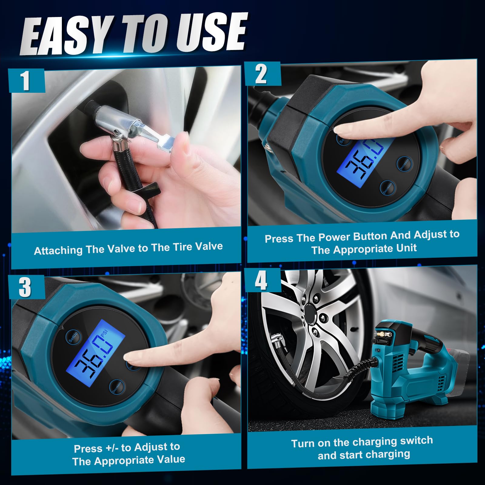 Accucompressor, 18 V, compatibel met Makita, draagbare led-licht, handheld luchtpomp met digitale manometer, elektrische luchtcompressor voor auto's, motorfietsen, fietsen, sportballen (zonder