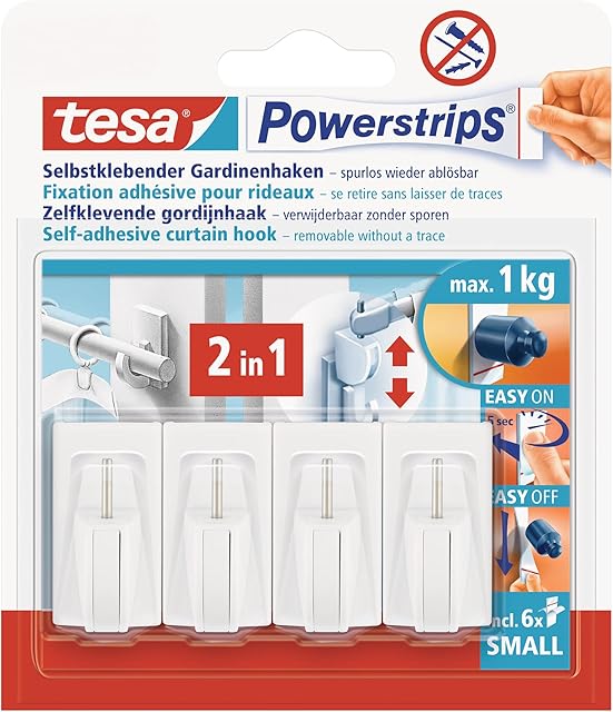 tesa Powerstrips® Curtain Hooks - Self-Adhesive Curtain Hooks - Removable and Reusable - Up to 1 kg Load - 1 x 4 Pieces - White