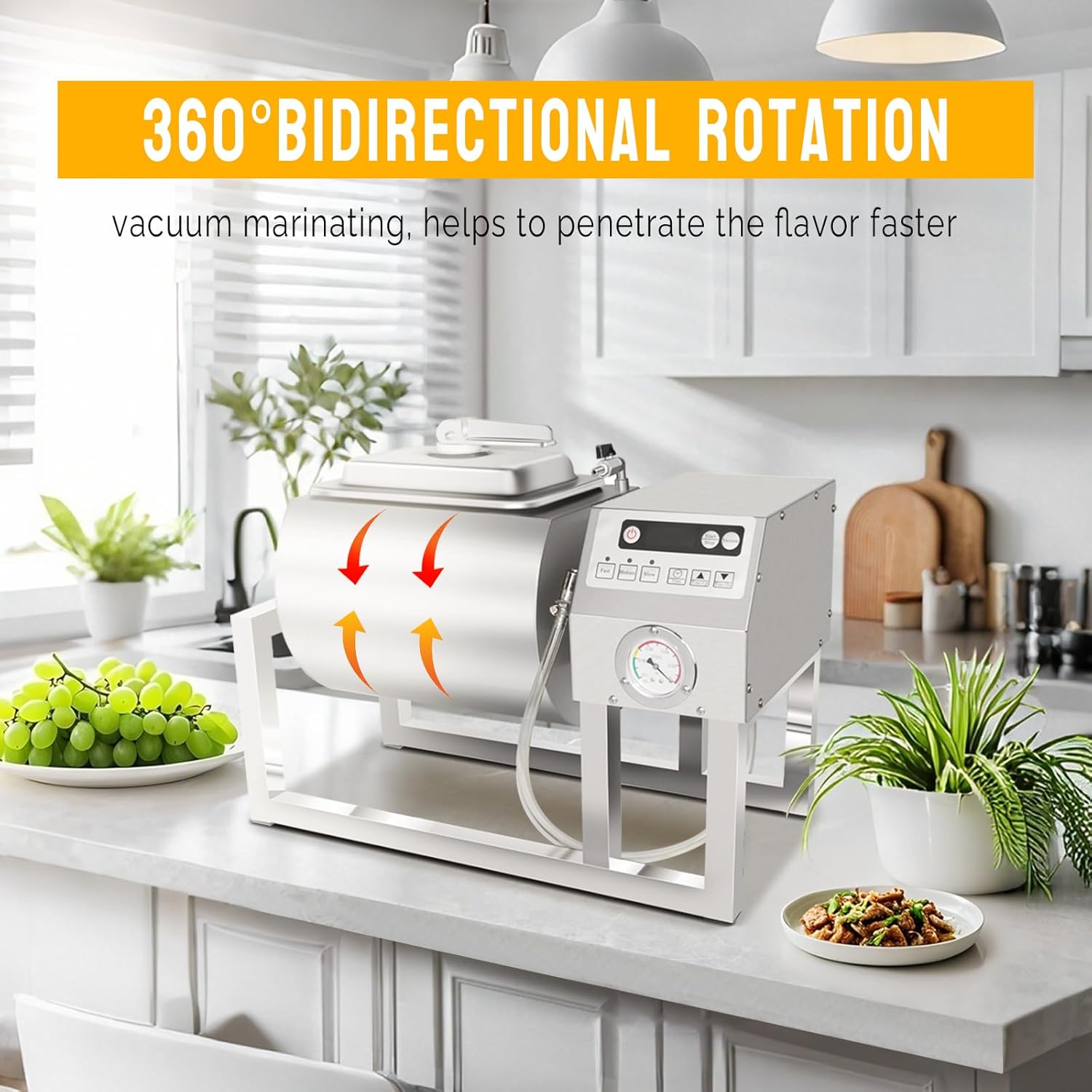Commercial Vacuum Tumbler Marinator, 36-lb/18L Capacity, 3-Speed Bidirectional Meat Marinator with Digital Timer, for Beef, Pork & Vegetables