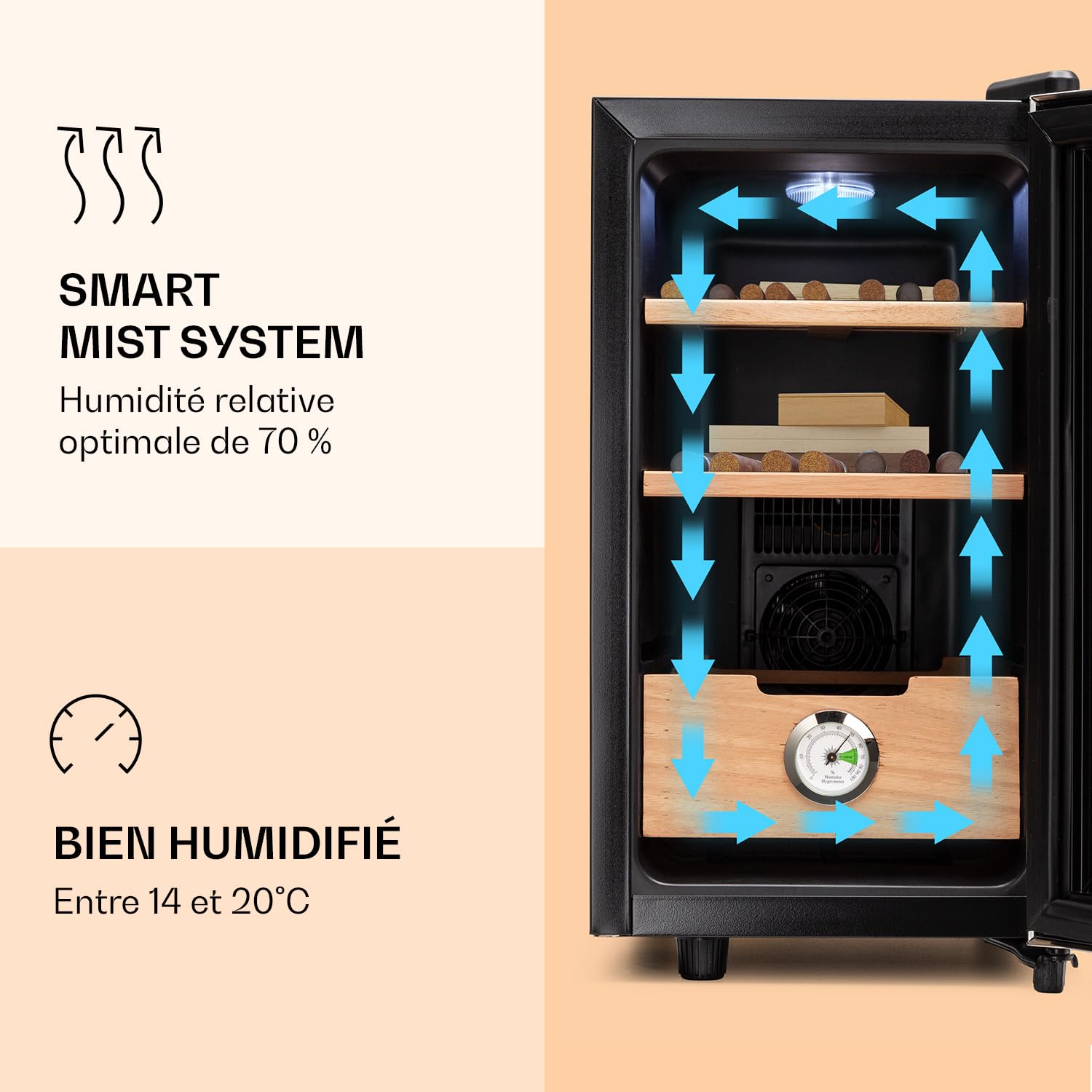 KLARSTEIN El Presidente - Cave à cigares, thermoélectrique, Porte vitrée, sur Pied, tiroirs en Bois de cèdre, hygromètre, éclairage intérieur LED, 23 litres - Argent [Classe énergétique G]