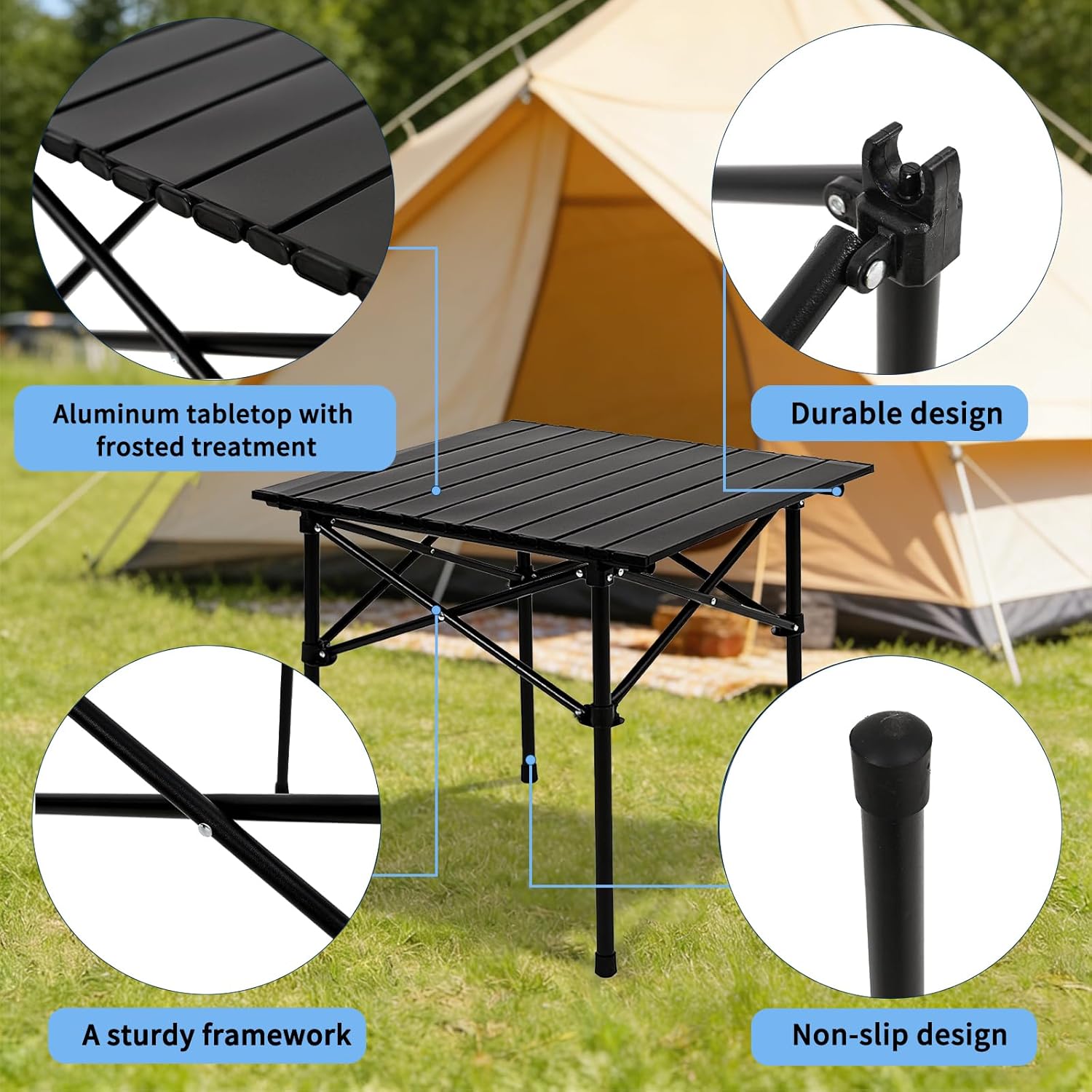 Camping Table Folding Portable Camp Table with 2 Chairs, Folding Picnic Table with Carry Bag Indoor Outdoor for Camping, Beach, Patio, RV, Backyard BBQ, Sturdy, Stable, Easy to Carry, Black