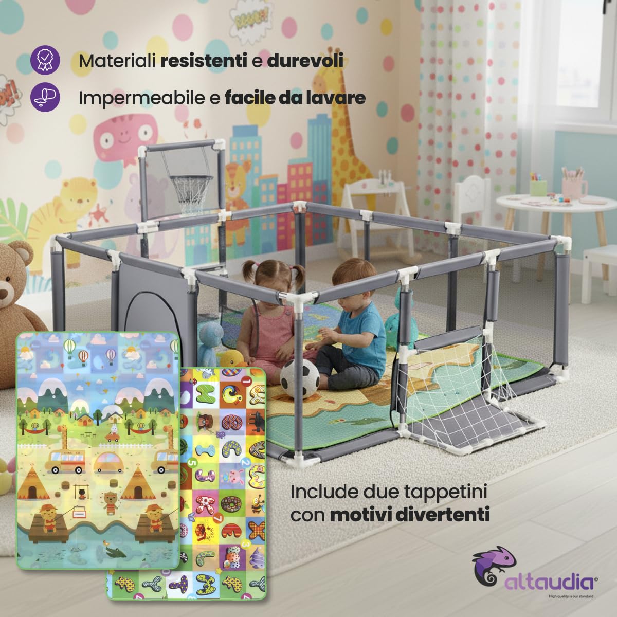 Recinto per Bambini + Tappeto da Gioco + Palla da Calcio e Basket - Box Pieghevole 180 x 120 x 65cm - Parco Giochi con Rete Traspirante - Colore Grigio