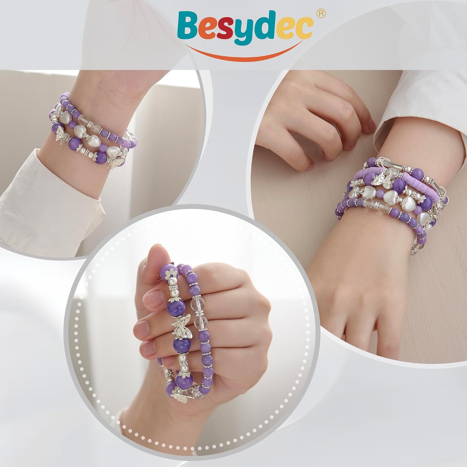 Besydec Stackable Boho Beaded Bracelets With Natural Stone & Pearl Heart & Clay Beads for Women,Adjustable Silver Jewelry
