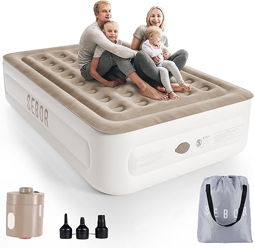 Sebor Colchón de aire Queen con bomba integrada, colchón inflable de 18 pulgadas con bomba recargable, colchón inflable para el hogar, invitados,