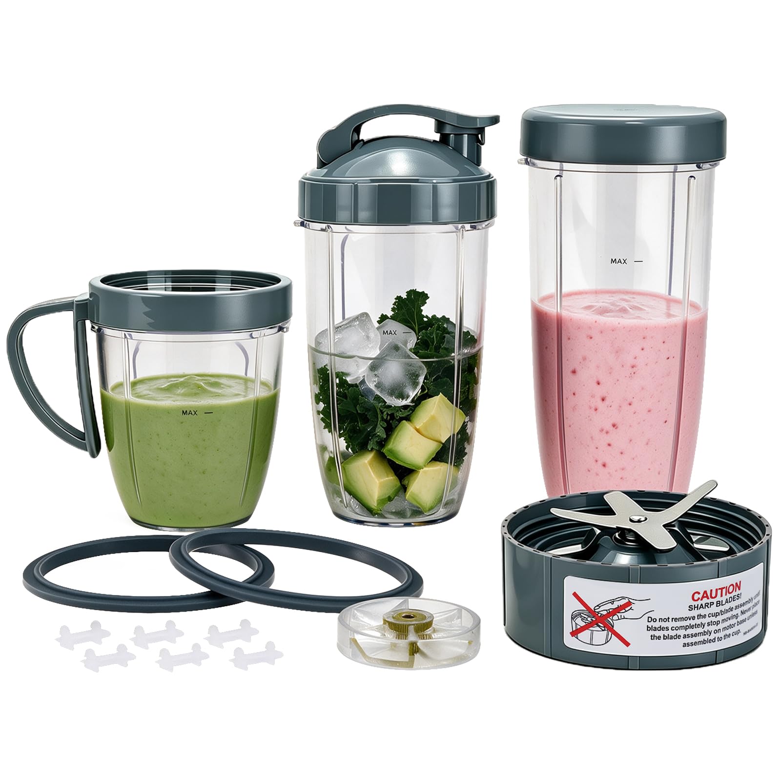14 części zamienne do blendera, ostrze i kubki do serii NutriBullet 600 W i 900 W, w tym uszczelka amortyzująca i przekładnia (1 ostrze + 3 filiżanki + 1 pokrywka)
