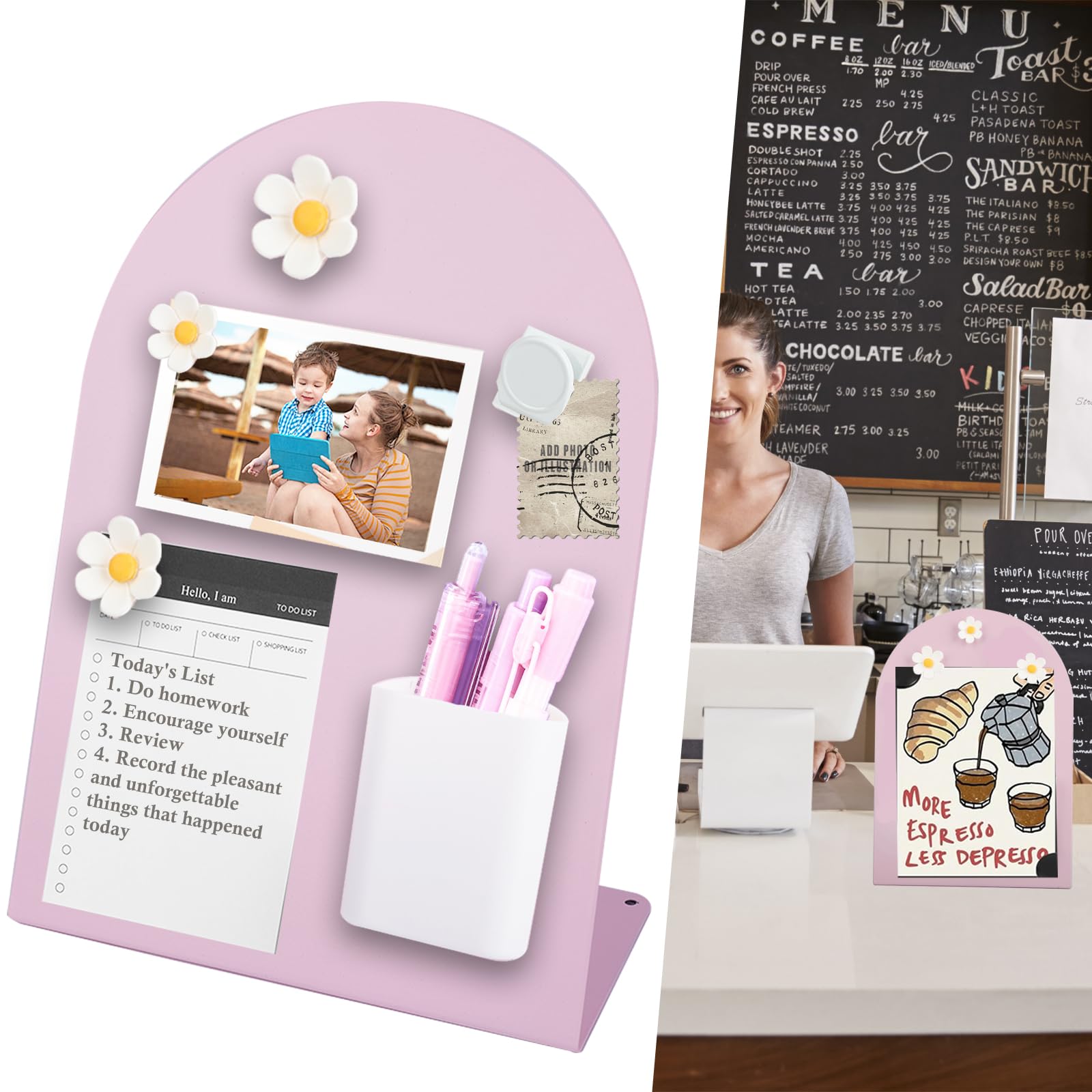 Magnetic Bulletin Board, 11x8x4in Pink Metal Magnetic Board Memo Display Easel Stand with Magnets, Pen Holder, Magnetic Clip & Notes, Freestanding Magnet Display Stand for Tabletop Office Home School