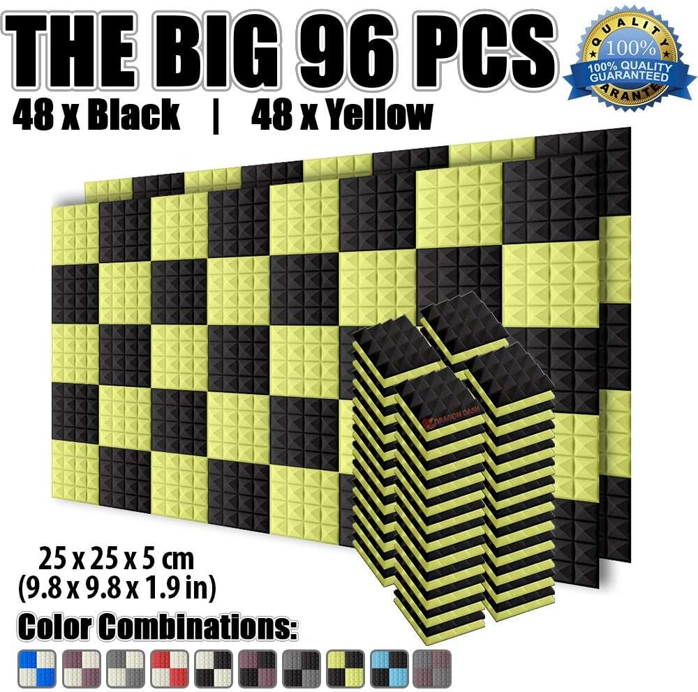 Dragon Dash 96 Pack of 9.8" x 9.8" x 1.9" Inches Black and Yellow Acoustic Soundproofing Pyramid Foam Studio Treatment Wall Panel Tiles DD1034 (BLACK & YELLOW)
