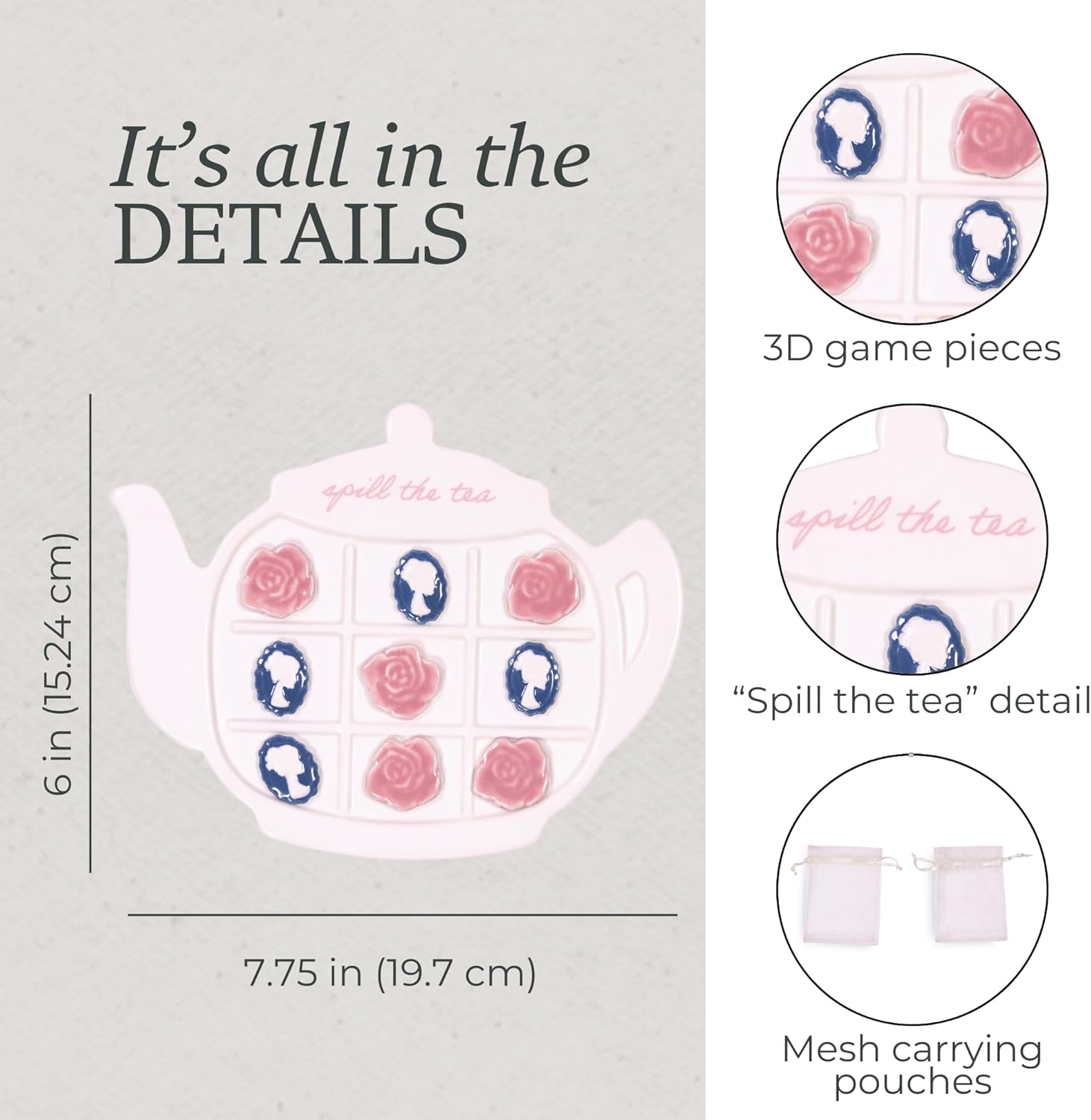Steel Mill & Co Ceramic Teapot Tic Tac Toe Game, 7.75" x 6" Tabletop Set with Cameo & Rose Pieces, Home Décor & Game Accent with Satchel Storage and Gift Ready Packaging (Spill The Tea)