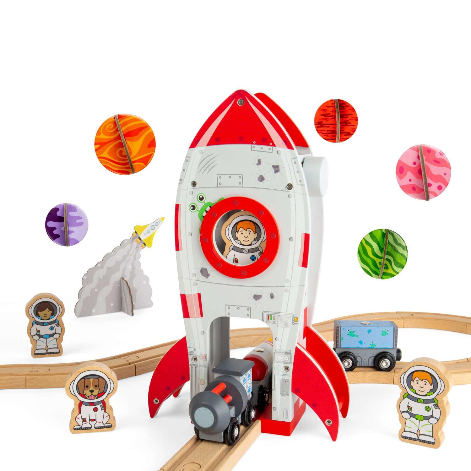 Bigjigs Rail Rocket Ship | Wooden Railway Accessories | Spaceship & Astronaut Figure for Kids' Train Track Set | Space Toys for Imaginative Play | Wood Toy Rockets | Creative Gifts for 3+ Year Olds