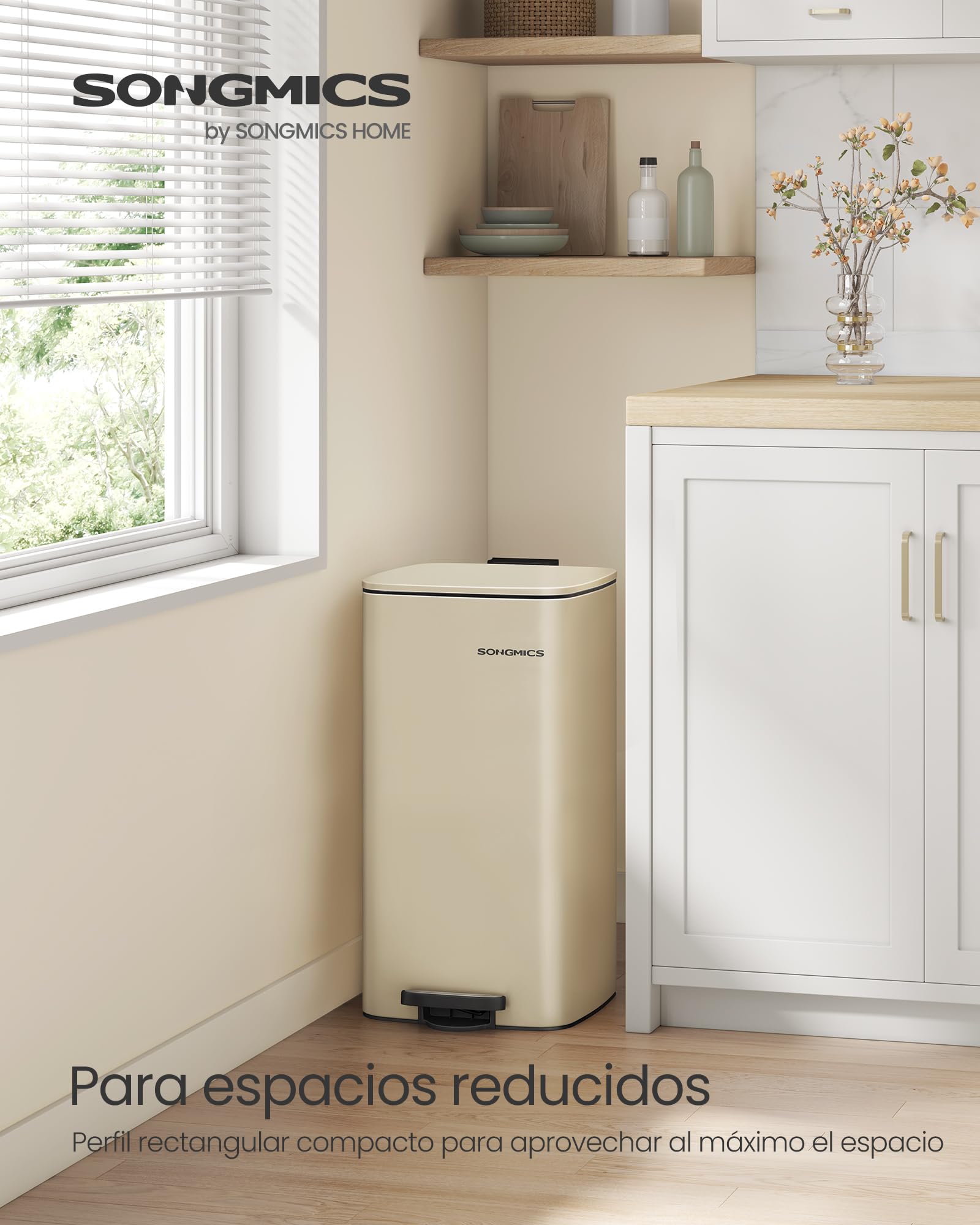 SONGMICS Cubo de Basura, Cubo de Basura de 30 L, Cubo de Basura de Cocina de Acero Inoxidable, con Cubo Interior, Cierre Suave y Permanece Abierto, Beige Arena LTB593A02