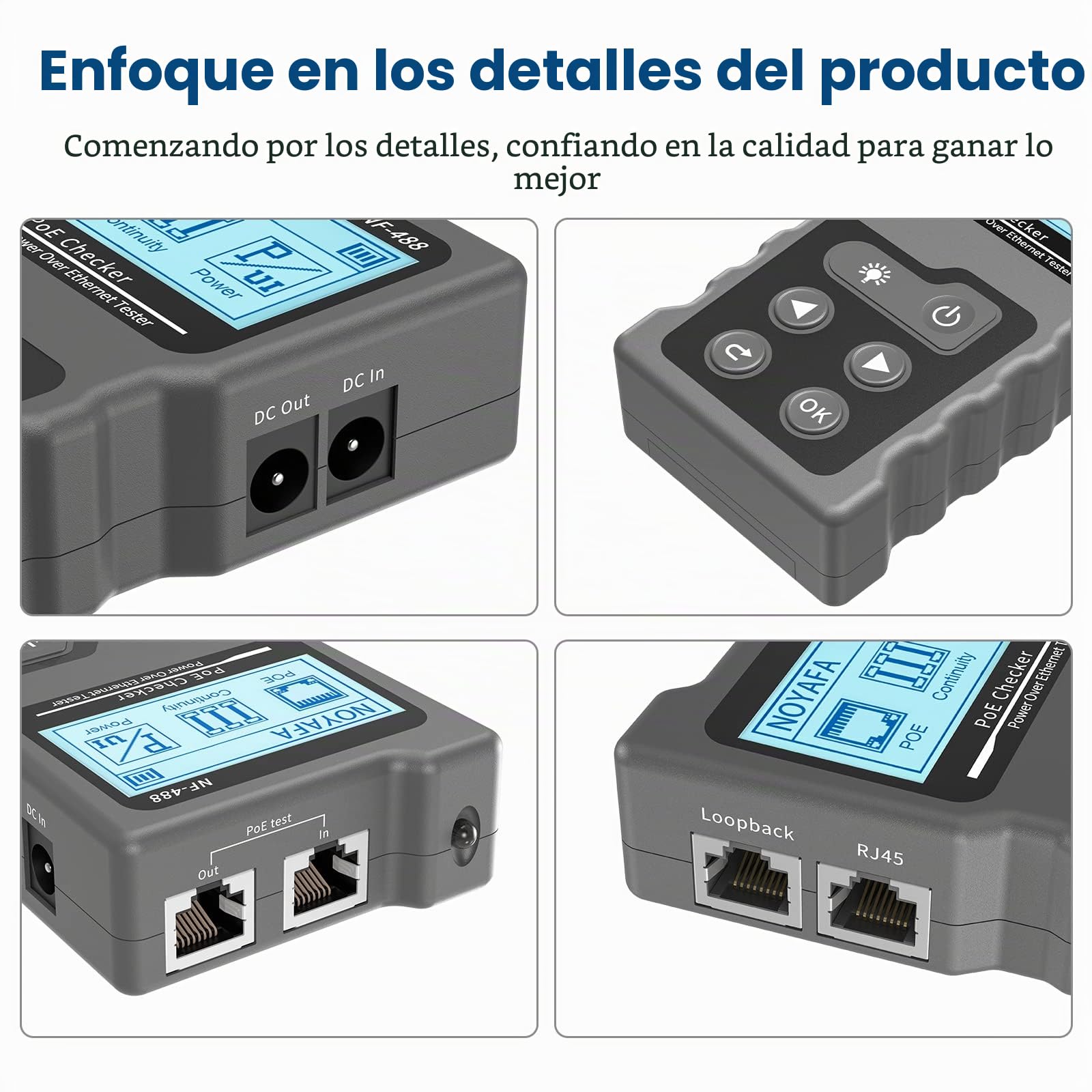 NF-488 Probador de Red RJ45 con Pantalla LCD, Para Comprobar Cortocircuito, Cruce y Rotura de Cables de Red Cat5/Cat6, Prueba de Voltaje y Corriente, Probador de Cable de Red con Función POE
