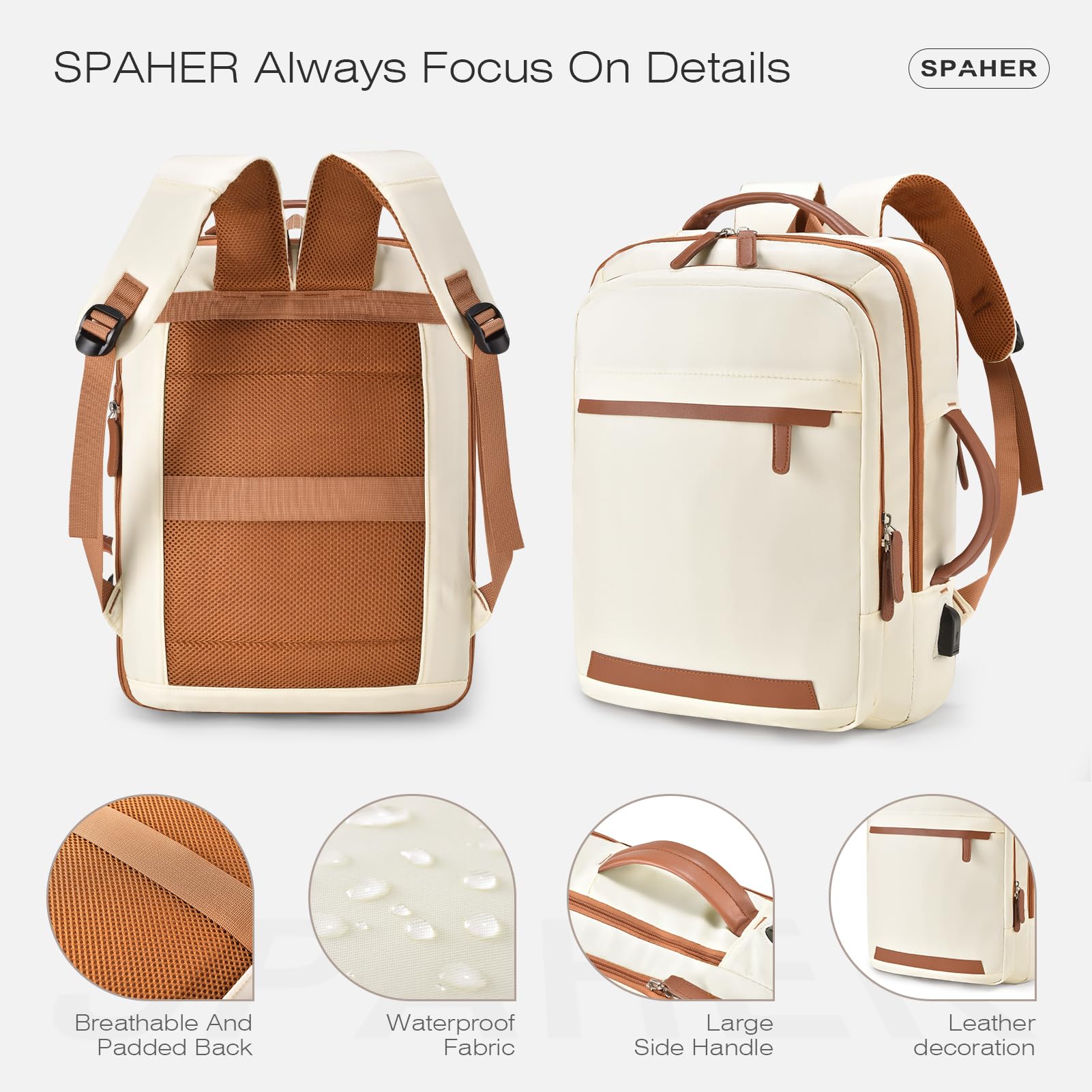 SPAHER Rozszerzalny Plecak Podróżny 40x30x15 British Airways 40x30x20 Wizzair Plecak na Laptopa 15,6 Calowy z Portem Łdowania i Mokrą Kieszenią USB Plecak do Samolotu Pracy dla Kobiet i Mężczyzn