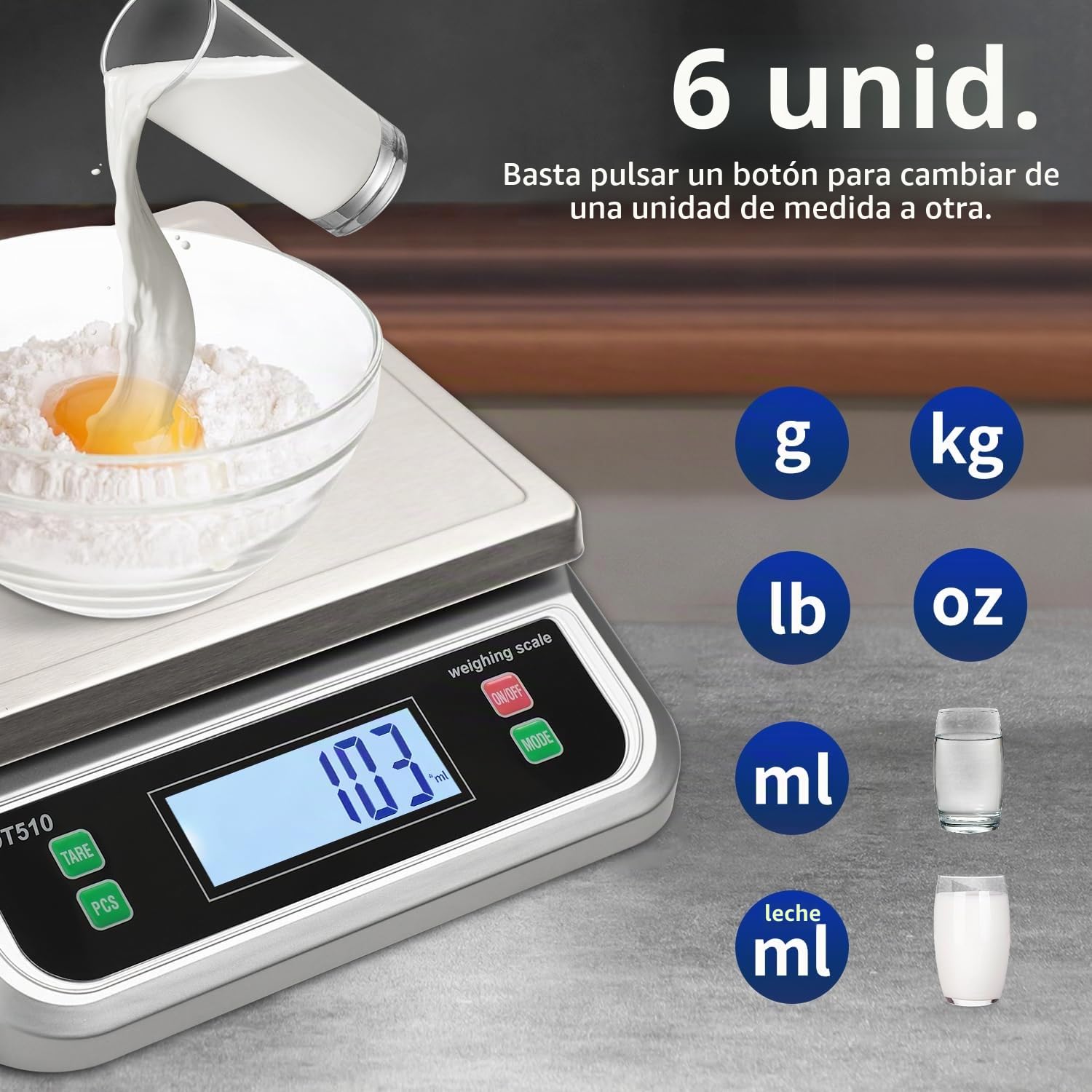 bascula profesional panaderia 40kg Báscula digital de cocina con Función Tara PCS y g/oz/lb/kg/leche/ml/ml 6 Unidades báscula de cocina con Pantalla LCD Acero Inoxidable báscula electrónica