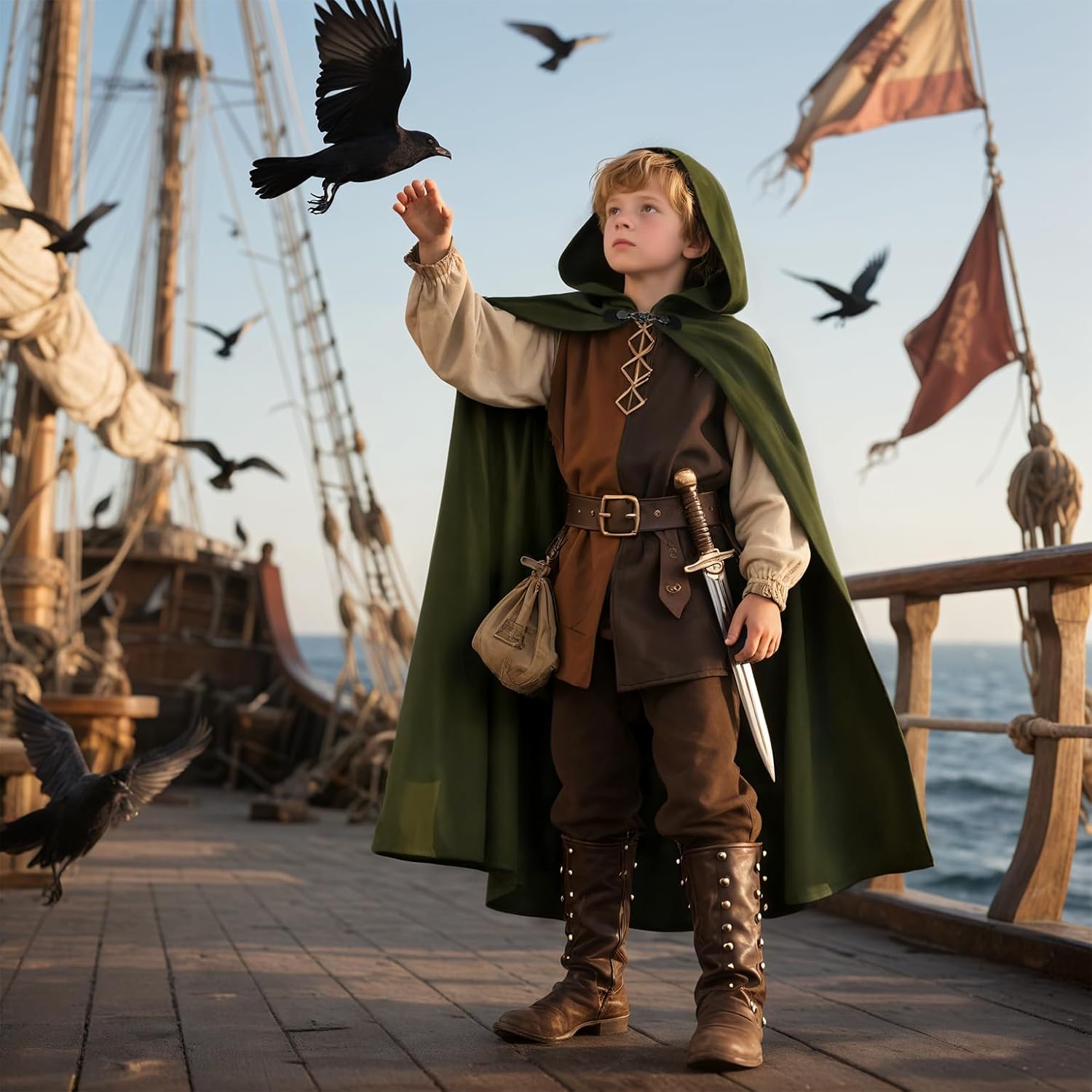 Renaissance Hooded Cape Witch Cloak Medieval for Boys Kids Halloween Costume - Image 6