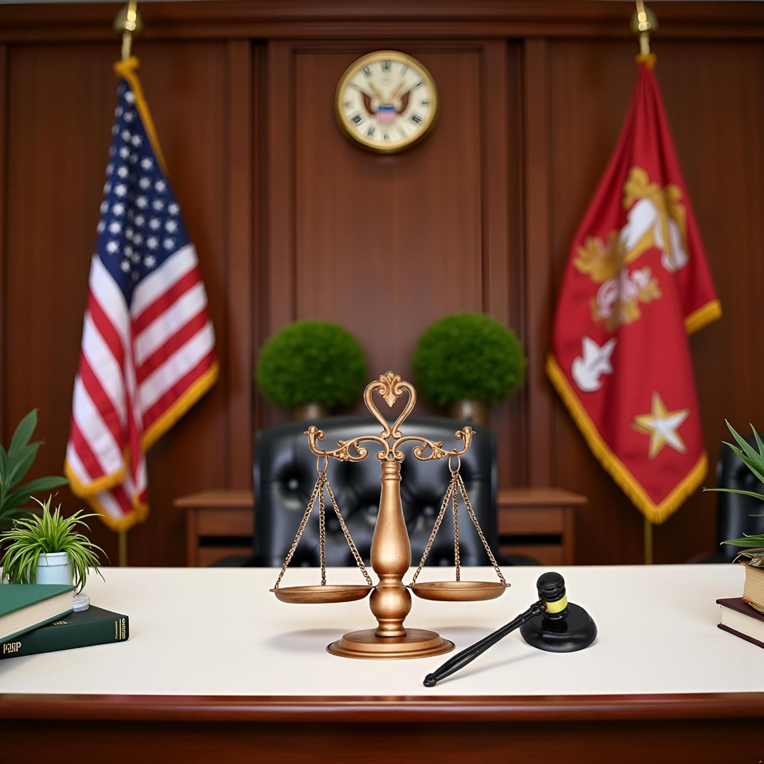 Antique Metal Justice Represent Libra Jewelry Tower with Fixed Beam/w Wooden Gavel and Block Set, Lawyer Scale of Justice, Judge Sound Block Set, Auction Sale – Golden, 15“ W x 17“ H