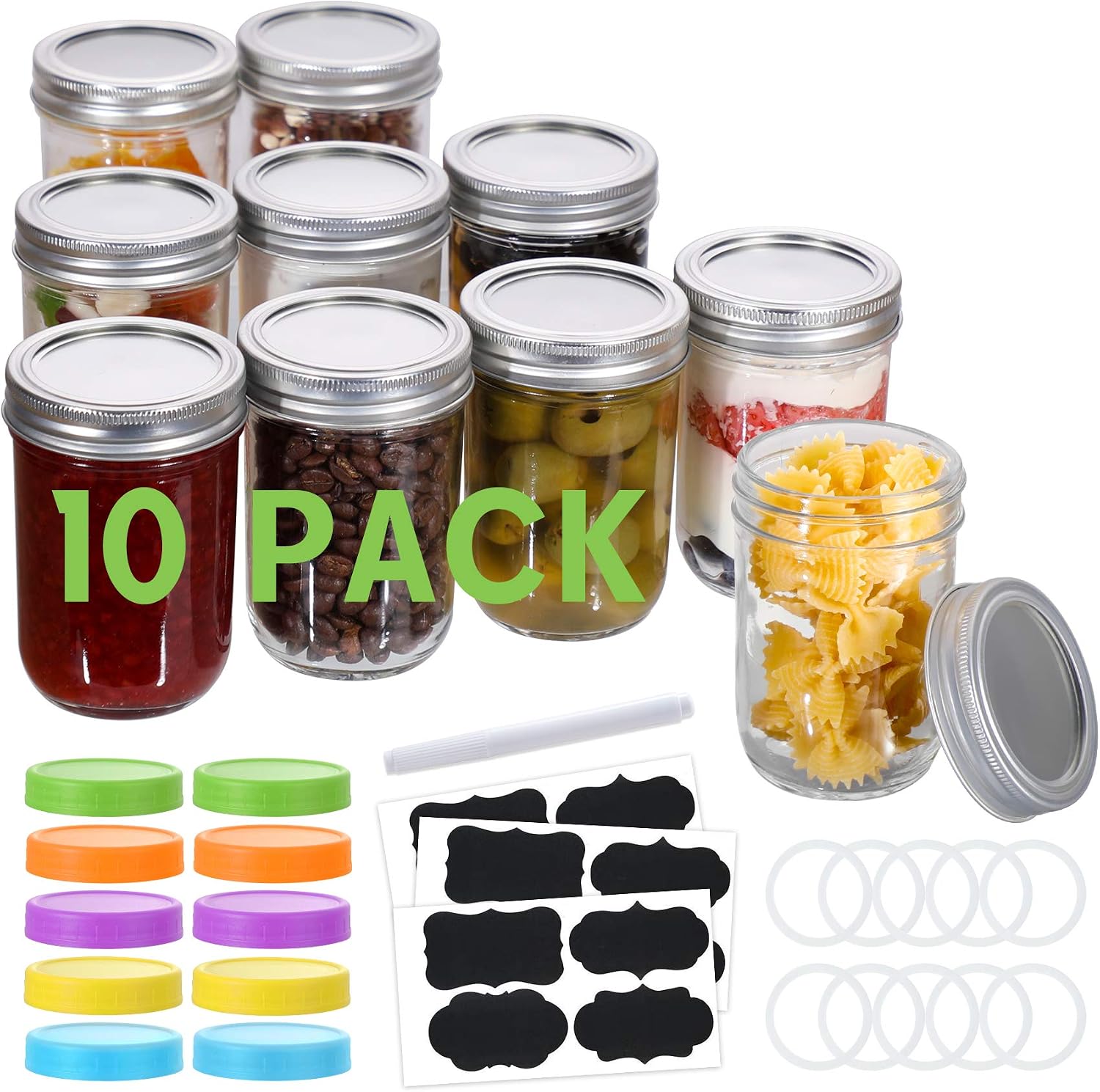 10 Pcs Mason Jars 8 Oz, Regular Mouth Canning Jars with Airtight Lids and Bands, Colored Plastic Lids, Blank Labels, Chalk Marker, Leak-Proof Lids for Food Storage, Canning, Favors, Decorating Jar