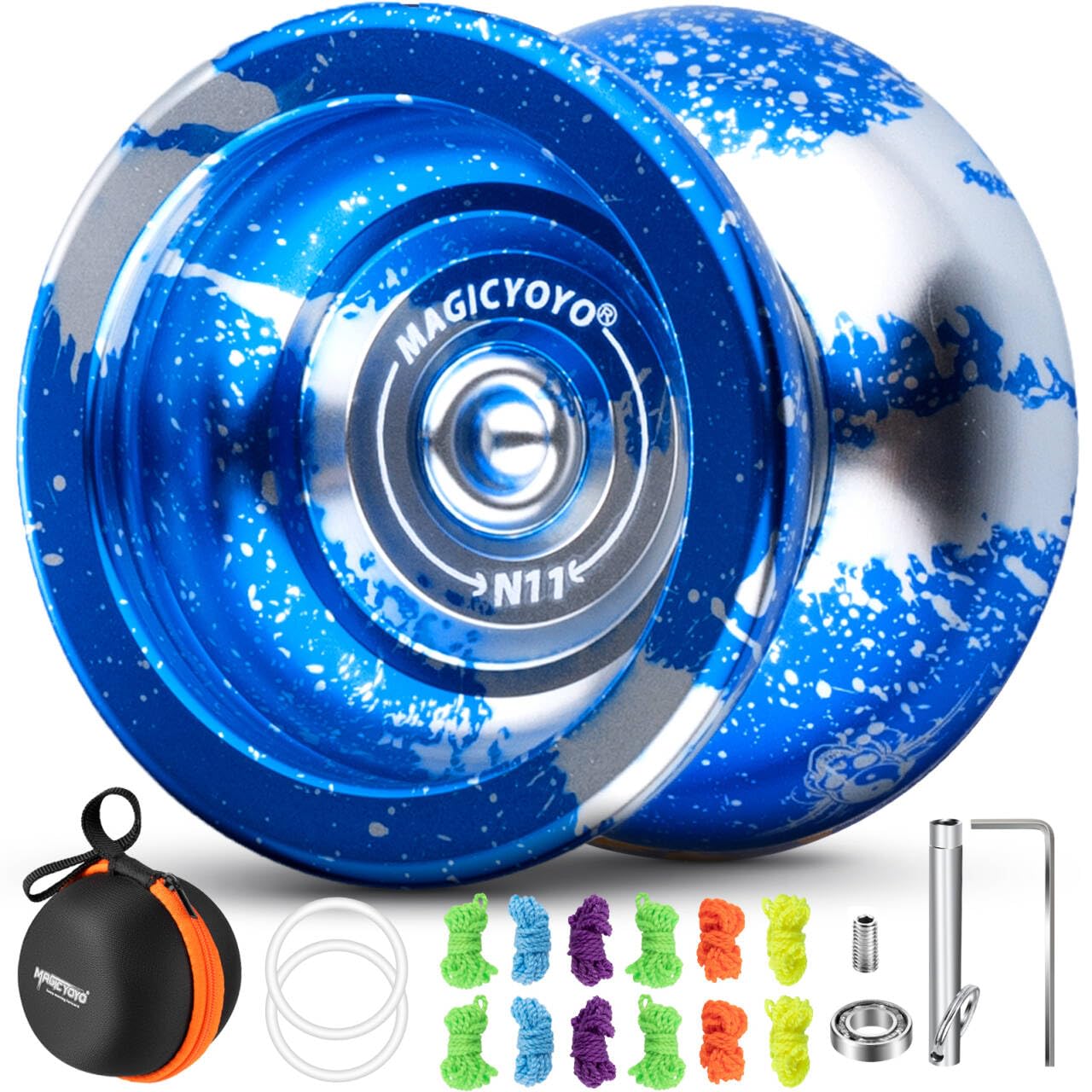 MAGICYOYO N11 - Professional Unresponsive Yoyo for Kids, Perfect Pro Trick Yoyo for Adults/Advanced, Comes with Metal Replacement Responsive Bearing & 12 Yoyo Strings + Storage Bag(Blue Silver)