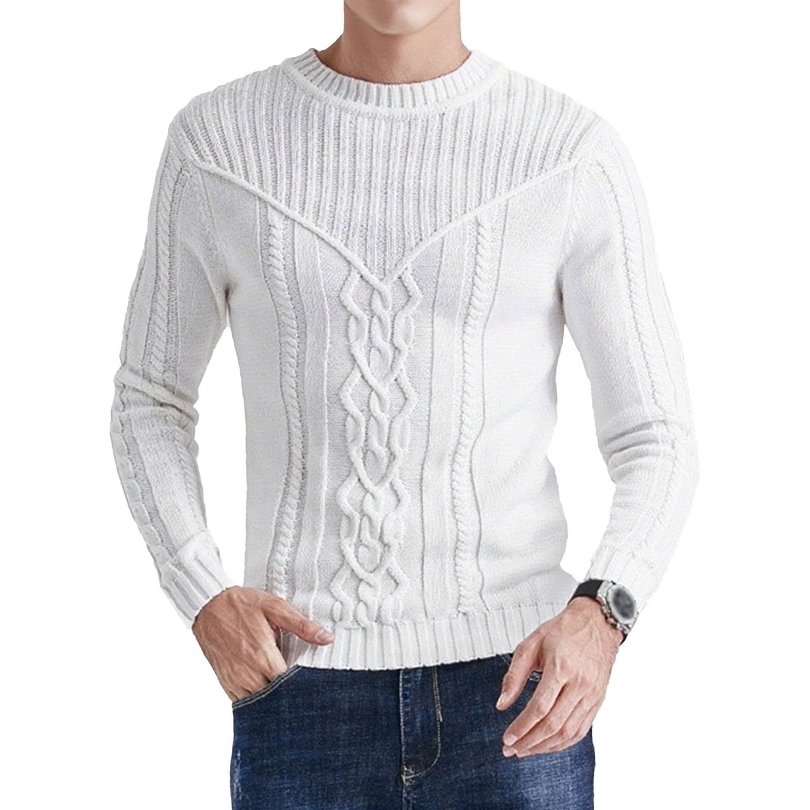 Maglione da uomo a girocollo lavorato a maglia, grosso, caldo e accogliente | Stile spesso invernale, maniche lunghe raglan, tinta unita di base, maglione casual lavorato a maglia con bordo a costine