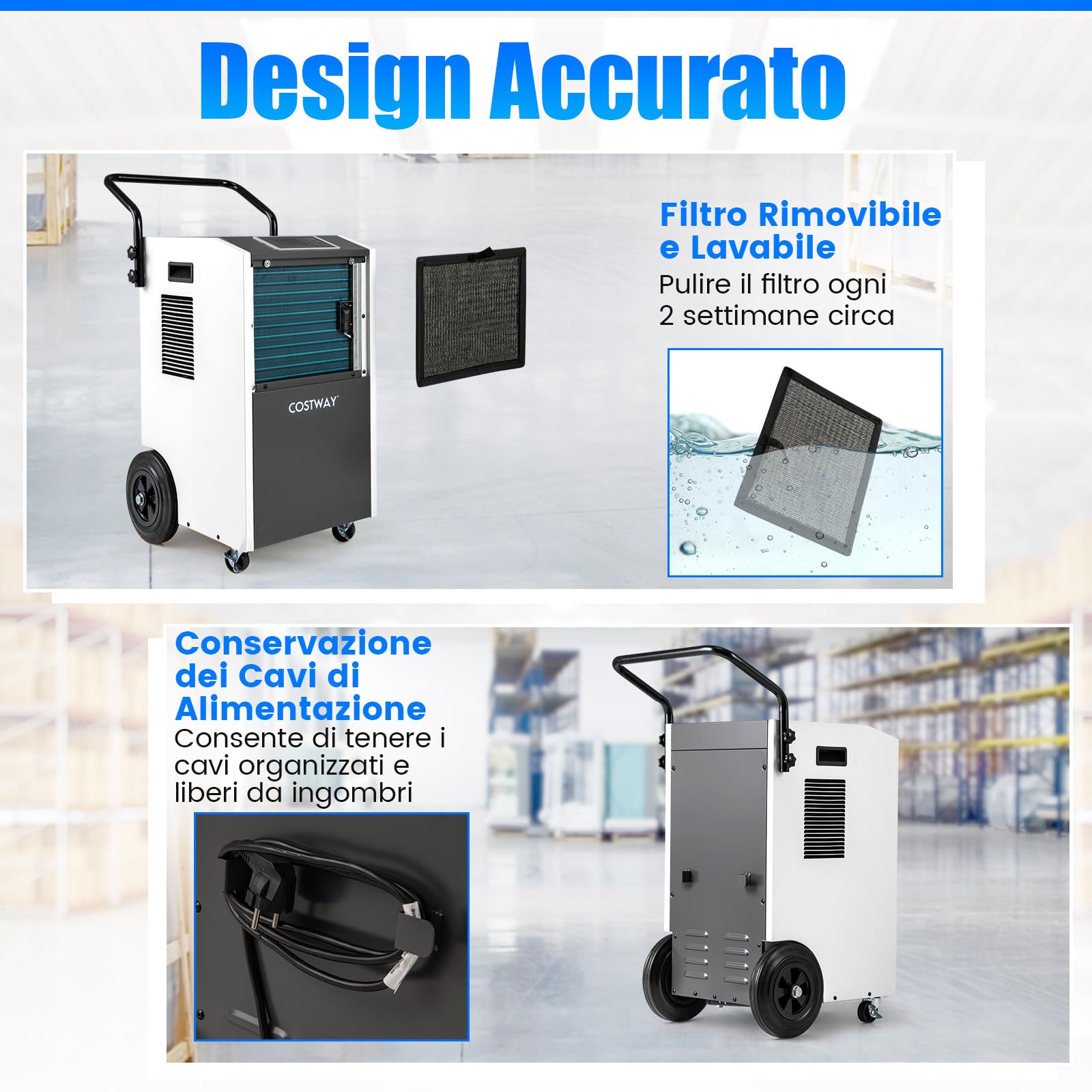COSTWAY Deumidificatore Casa, Deumidificatore Elettrico con Tubo di Scarico e Timer, Portatile con Ruote per Cantina, Magazzino, Fabbrica e Grandi Spazi fino a 695 m³ (Bianco)