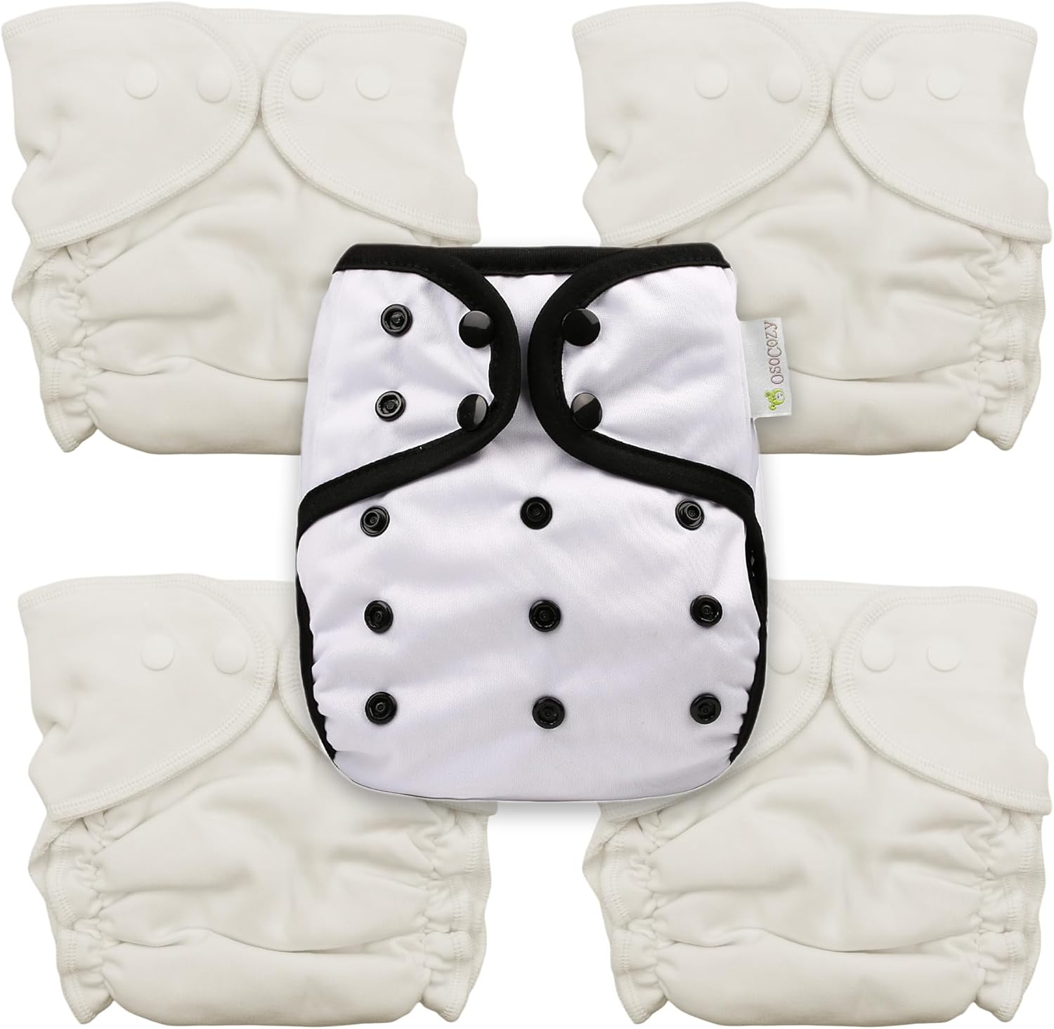 4 Size 2 Cozy Cubs Deluxe Interlock Fitted Diapers + OsoCozy One Size Diaper Cover Bundle (Polar) | 100% Cotton Reusable Cloth Diaper Set | Waterproof PUL Cover with Double Gussets