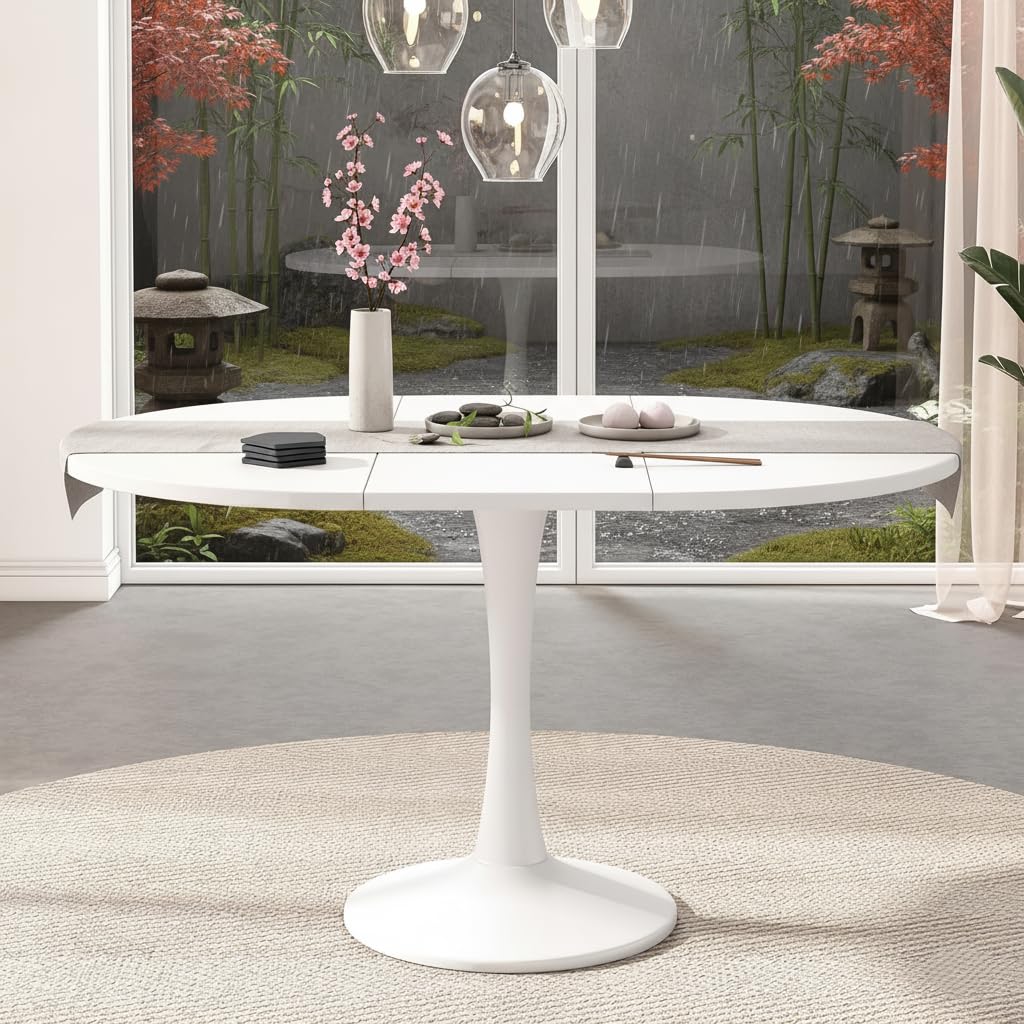 Tavolo da pranzo allungabile bianco, 100-140 cm, ovale/rotondo, per 2-8 persone, in legno, moderno tavolo da soggiorno e cucina, tavolo rotondo (A, bianco)