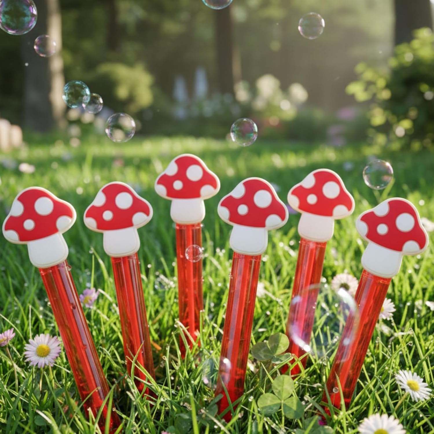Shappy 48 Pcs Mushroom Party Favors Bubble Wands Bulk Wonderland Fairy Theme Stick Mushroom Party Goodie Bags Stuffers for Activity Use Birthday Gift Supplies