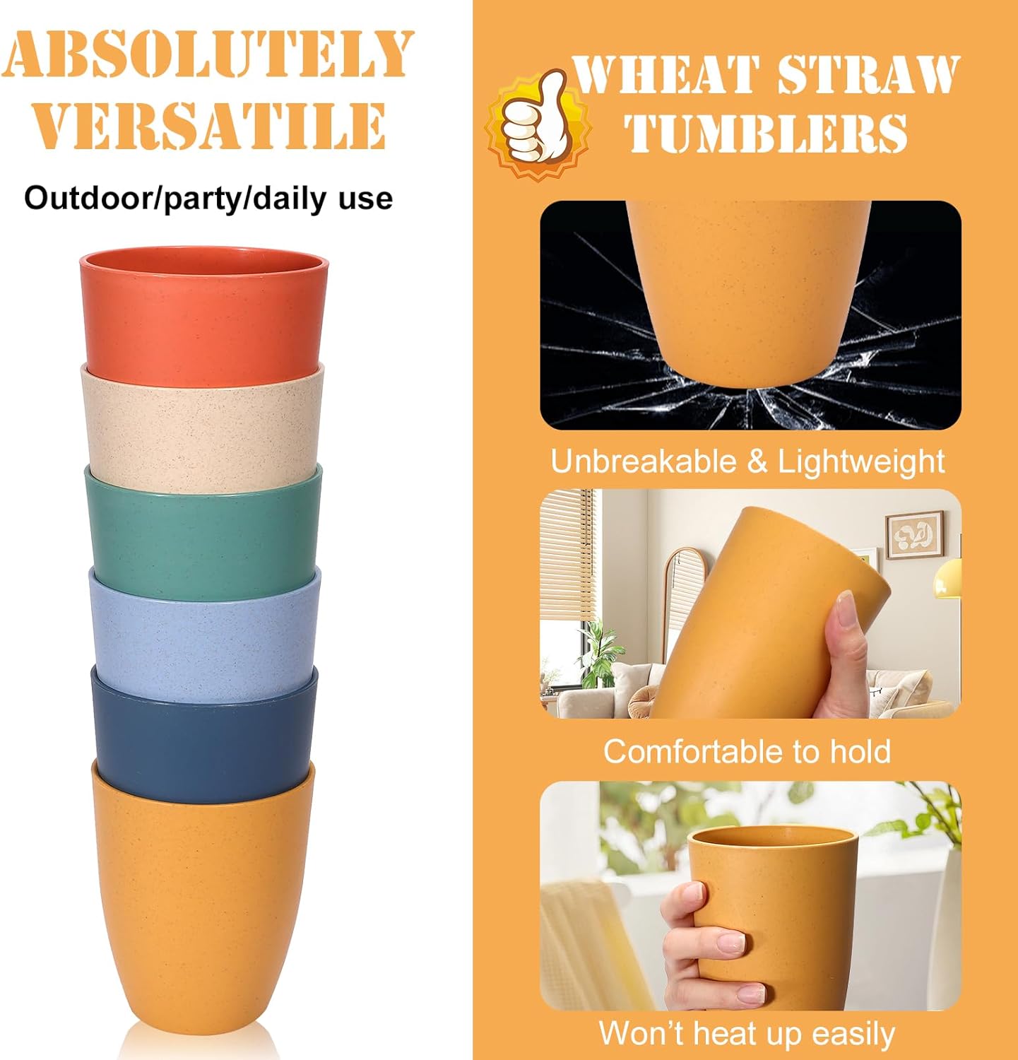 6 PCS Wheat Straw Cups,20 OZ Unbreakable Drinking Cup,Plastic Reusable Cups,Dishwasher Safe Water Cup Set for Home Kitchen Camping Party,Dinner,Lightweight & Stackable,Multicolor - Image 4