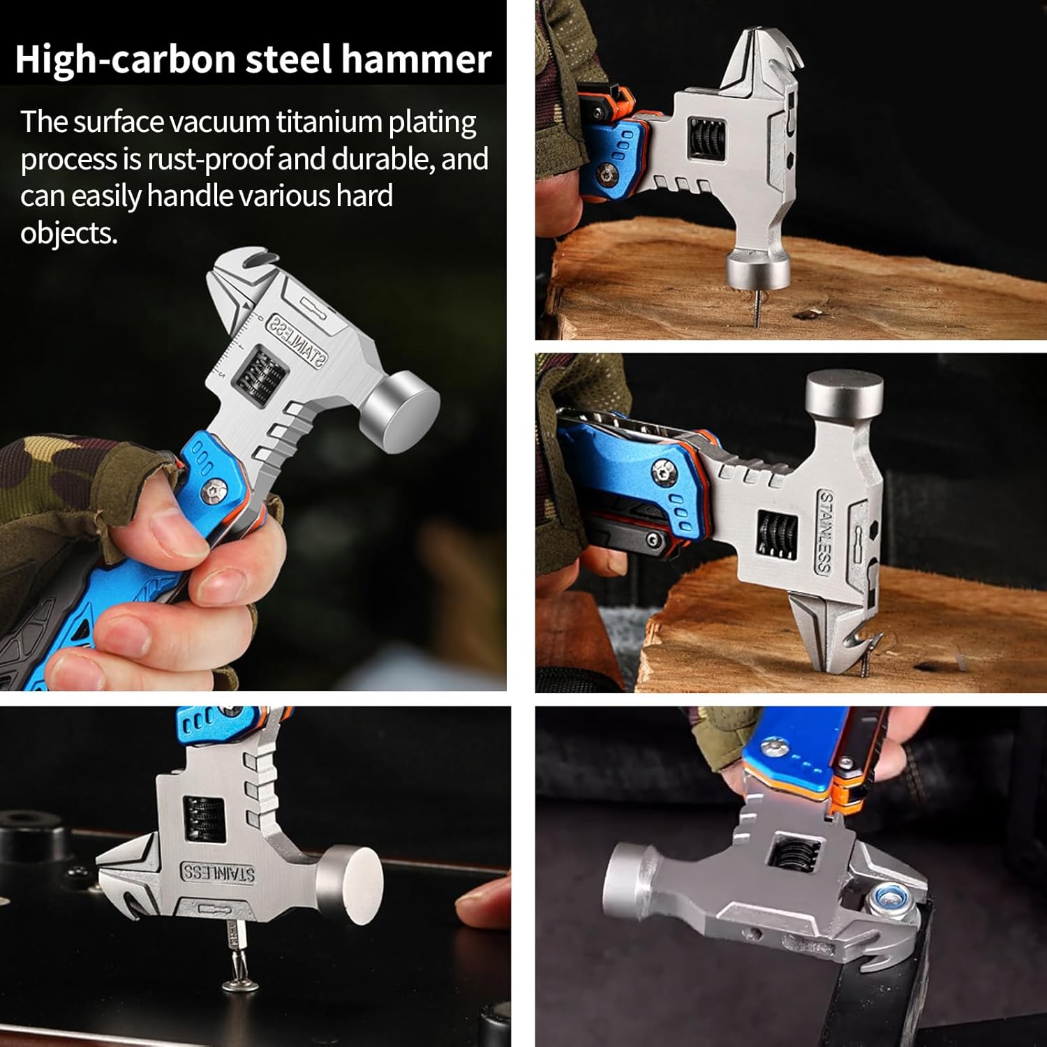 18-in-1 Multitool Hammer with Adjustable Wrench, Stainless Steel Multi Tool Pliers All-in-One Survival Camping Tool Gift with Pocket Knife Hammer Saw Screwdrivers Bottle Opener Carrying Pouch