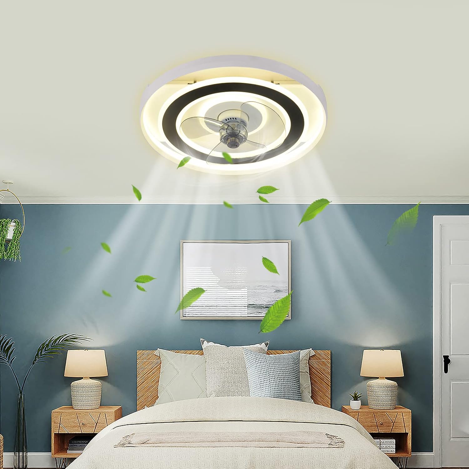 Low Profile Ceiling Fan with Lights, Flush Mount Ceiling Fans with Remote Control Dimmable LED, 22inch Enclosed Bladeless Modern Ceiling Fans for Bedroom Living Room Dining Room, Office