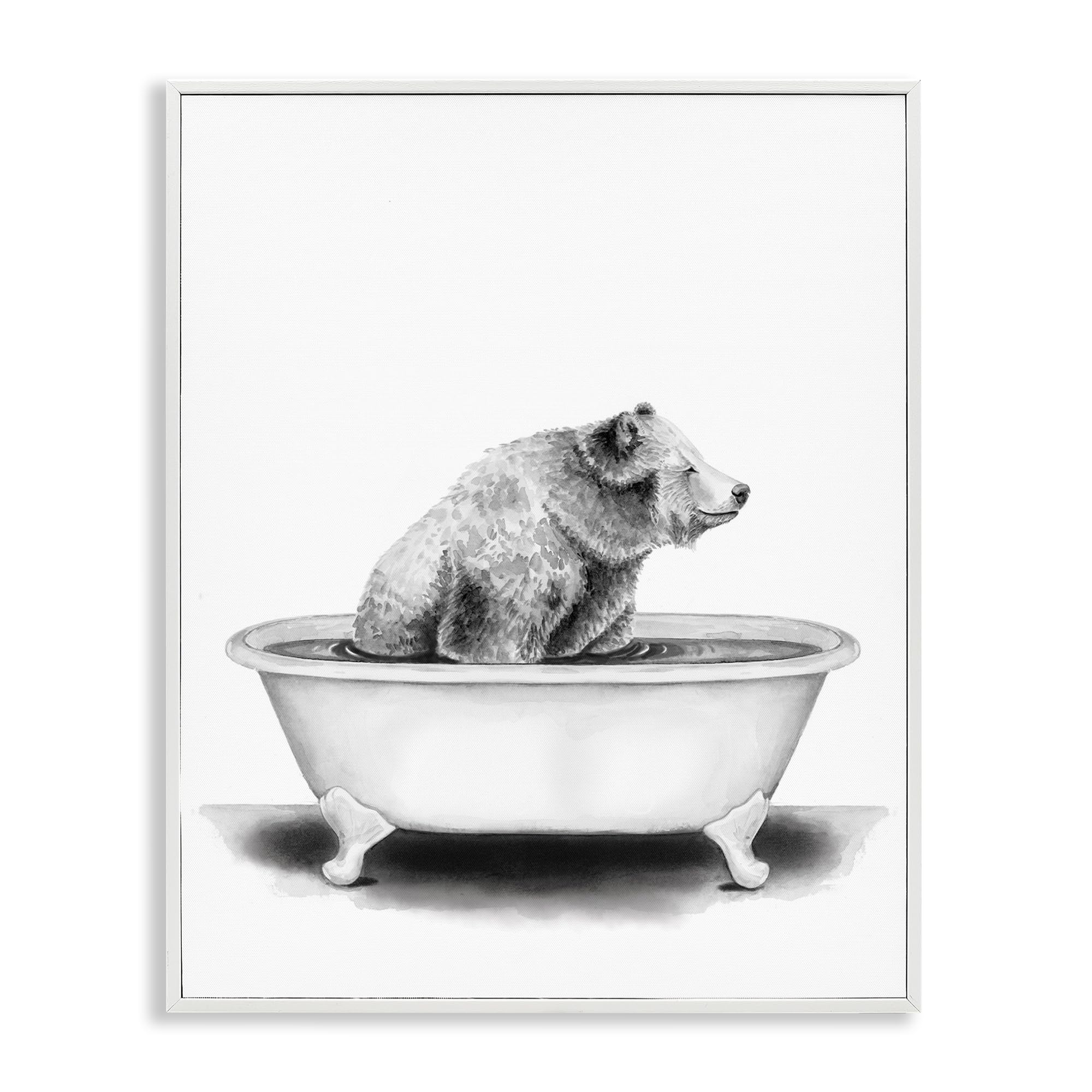 Stupell Industries Bear in A Tub Funny Animal Bathroom Drawing, Design by Rachel Neiman White Framed Wall Art, 16 x 20, Black