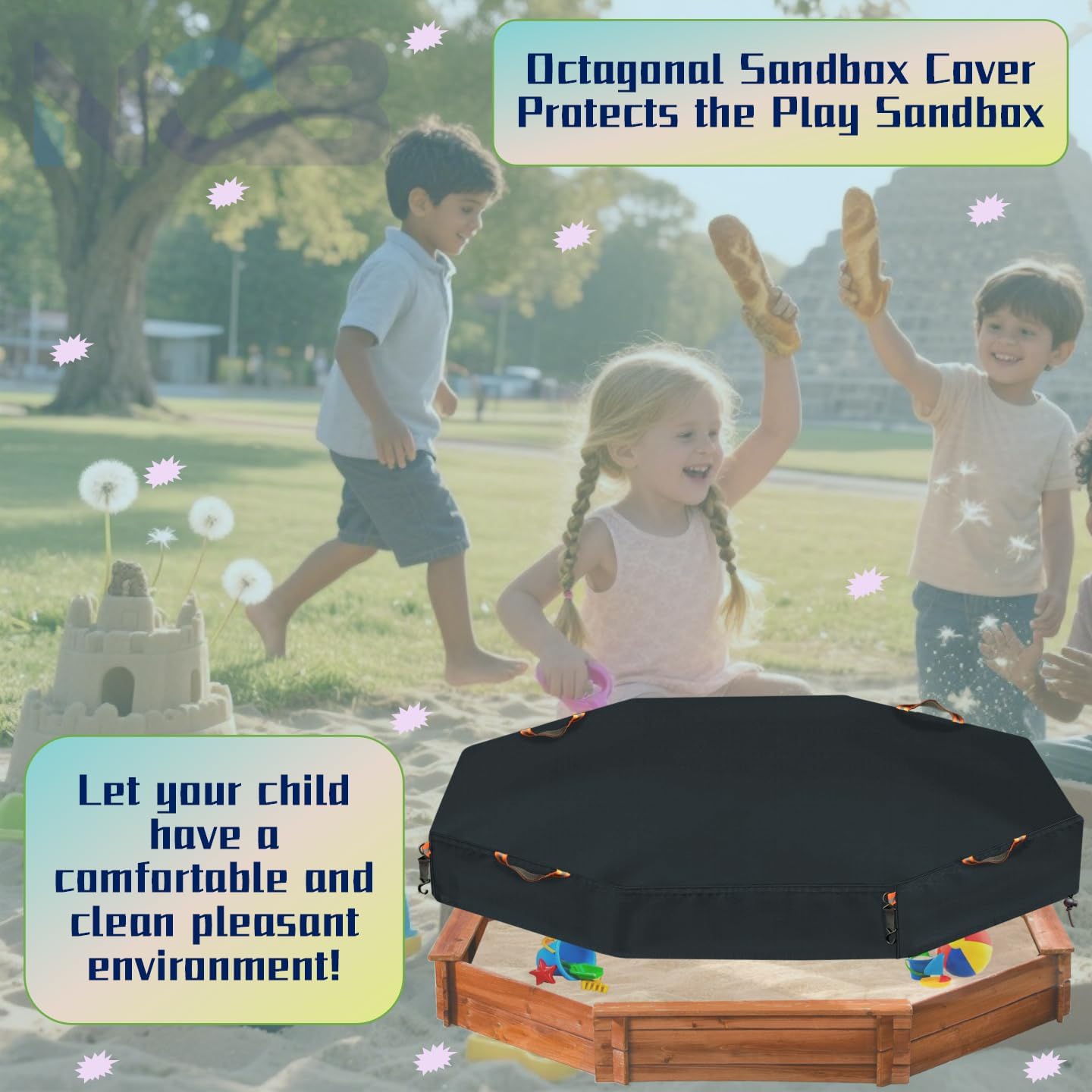Octagonal Sandbox Cover, Windproof and Dustproof with Adjustable Hook and Loop for Stabilization, 420D Waterproof Oxford Fabric, Protect Outdoor Garden Kids Sandbox Sand and Toys (Black, 84"X78"X9"